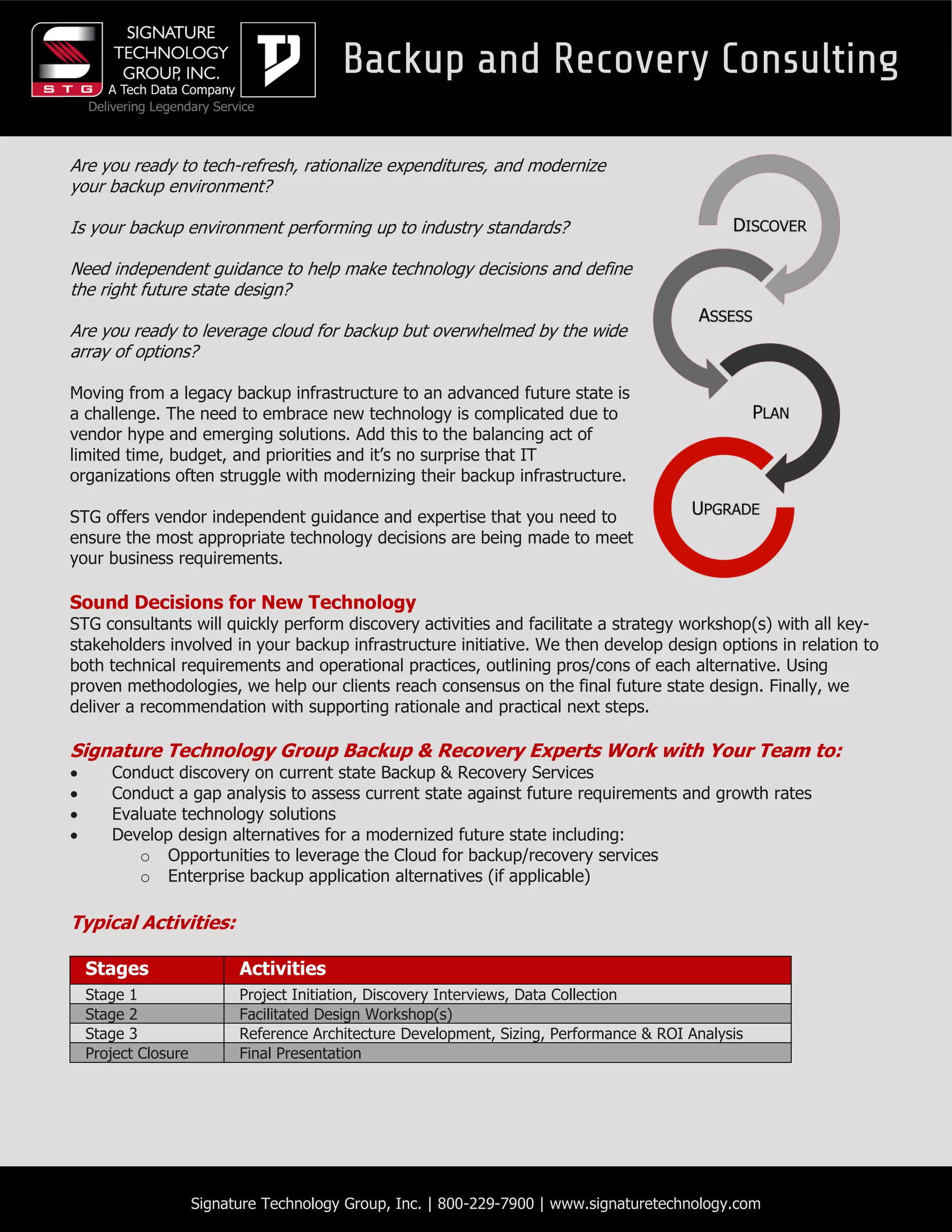 Signature Technology Group, Inc. | 800-229-7900 | www.signaturetechnology.com
Are you ready to tech-refresh, rationalize expenditures, and modernize
your backup environment?
Is your backup environment performing up to industry standards?
Need independent guidance to help make technology decisions and define
the right future state design?
Are you ready to leverage cloud for backup but overwhelmed by the wide
array of options?
Moving from a legacy backup infrastructure to an advanced future state is
a challenge. The need to embrace new technology is complicated due to
vendor hype and emerging solutions. Add this to the balancing act of
limited time, budget, and priorities and it’s no surprise that IT
organizations often struggle with modernizing their backup infrastructure.
STG offers vendor independent guidance and expertise that you need to
ensure the most appropriate technology decisions are being made to meet
your business requirements.
Sound Decisions for New Technology
STG consultants will quickly perform discovery activities and facilitate a strategy workshop(s) with all key-
stakeholders involved in your backup infrastructure initiative. We then develop design options in relation to
both technical requirements and operational practices, outlining pros/cons of each alternative. Using
proven methodologies, we help our clients reach consensus on the final future state design. Finally, we
deliver a recommendation with supporting rationale and practical next steps.
Signature Technology Group Backup & Recovery Experts Work with Your Team to:
 Conduct discovery on current state Backup & Recovery Services
 Conduct a gap analysis to assess current state against future requirements and growth rates
 Evaluate technology solutions
 Develop design alternatives for a modernized future state including:
o Opportunities to leverage the Cloud for backup/recovery services
o Enterprise backup application alternatives (if applicable)
Typical Activities:
Stages Activities
Stage 1 Project Initiation, Discovery Interviews, Data Collection
Stage 2 Facilitated Design Workshop(s)
Stage 3 Reference Architecture Development, Sizing, Performance & ROI Analysis
Project Closure Final Presentation
 