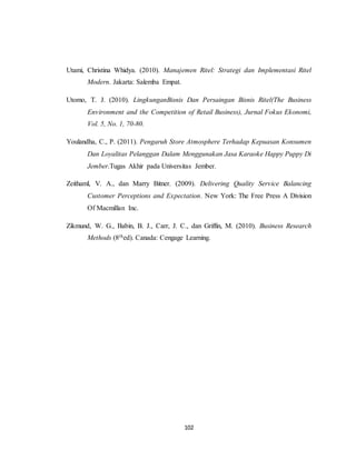 102
Utami, Christina Whidya. (2010). Manajemen Ritel: Strategi dan Implementasi Ritel
Modern. Jakarta: Salemba Empat.
Utomo, T. J. (2010). LingkunganBisnis Dan Persaingan Bisnis Ritel(The Business
Environment and the Competition of Retail Business), Jurnal Fokus Ekonomi,
Vol. 5, No. 1, 70-80.
Youlandha, C., P. (2011). Pengaruh Store Atmosphere Terhadap Kepuasan Konsumen
Dan Loyalitas Pelanggan Dalam Menggunakan Jasa Karaoke Happy Puppy Di
Jember.Tugas Akhir pada Universitas Jember.
Zeithaml, V. A., dan Marry Bitner. (2009). Delivering Quality Service Balancing
Customer Perceptions and Expectation. New York: The Free Press A Division
Of Macmillan Inc.
Zikmund, W. G., Babin, B. J., Carr, J. C., dan Griffin, M. (2010). Business Research
Methods (8thed). Canada: Cengage Learning.
 