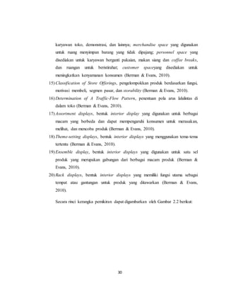 30
karyawan toko, demonstrasi, dan lainnya; merchandise space yang digunakan
untuk ruang menyimpan barang yang tidak dipajang; personnel space yang
disediakan untuk karyawan berganti pakaian, makan siang dan coffee breaks,
dan ruangan untuk beristirahat; customer spaceyang disediakan untuk
meningkatkan kenyamanan konsumen (Berman & Evans, 2010).
15) Classification of Store Offerings, pengelompokkan produk berdasarkan fungsi,
motivasi membeli, segmen pasar, dan storability (Berman & Evans, 2010).
16) Determination of A Traffic-Flow Pattern, penentuan pola arus lalulintas di
dalam toko (Berman & Evans, 2010).
17) Assortment displays, bentuk interior display yang digunakan untuk berbagai
macam yang berbeda dan dapat mempengaruhi konsumen untuk merasakan,
melihat, dan mencoba produk (Berman & Evans, 2010).
18) Theme-setting displays, bentuk interior displays yang menggunakan tema-tema
tertentu (Berman & Evans, 2010).
19) Ensemble display, bentuk interior displays yang digunakan untuk satu sel
produk yang merupakan gabungan dari berbagai macam produk (Berman &
Evans, 2010).
20) Rack displays, bentuk interior displays yang memiliki fungsi utama sebagai
tempat atau gantungan untuk produk yang ditawarkan (Berman & Evans,
2010).
Secara rinci kerangka pemikiran dapat digambarkan oleh Gambar 2.2 berikut:
 