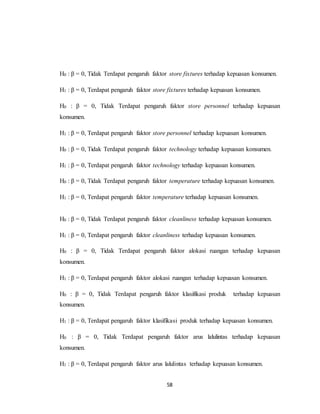 58
H0 : β = 0, Tidak Terdapat pengaruh faktor store fixtures terhadap kepuasan konsumen.
H1 : β = 0, Terdapat pengaruh faktor store fixtures terhadap kepuasan konsumen.
H0 : β = 0, Tidak Terdapat pengaruh faktor store personnel terhadap kepuasan
konsumen.
H1 : β = 0, Terdapat pengaruh faktor store personnel terhadap kepuasan konsumen.
H0 : β = 0, Tidak Terdapat pengaruh faktor technology terhadap kepuasan konsumen.
H1 : β = 0, Terdapat pengaruh faktor technology terhadap kepuasan konsumen.
H0 : β = 0, Tidak Terdapat pengaruh faktor temperature terhadap kepuasan konsumen.
H1 : β = 0, Terdapat pengaruh faktor temperature terhadap kepuasan konsumen.
H0 : β = 0, Tidak Terdapat pengaruh faktor cleanliness terhadap kepuasan konsumen.
H1 : β = 0, Terdapat pengaruh faktor cleanliness terhadap kepuasan konsumen.
H0 : β = 0, Tidak Terdapat pengaruh faktor alokasi ruangan terhadap kepuasan
konsumen.
H1 : β = 0, Terdapat pengaruh faktor alokasi ruangan terhadap kepuasan konsumen.
H0 : β = 0, Tidak Terdapat pengaruh faktor klasifikasi produk terhadap kepuasan
konsumen.
H1 : β = 0, Terdapat pengaruh faktor klasifikasi produk terhadap kepuasan konsumen.
H0 : β = 0, Tidak Terdapat pengaruh faktor arus lalulintas terhadap kepuasan
konsumen.
H1 : β = 0, Terdapat pengaruh faktor arus lalulintas terhadap kepuasan konsumen.
 