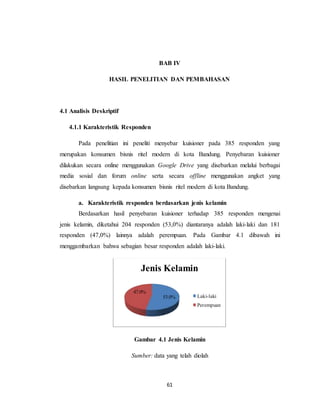 61
BAB IV
HASIL PENELITIAN DAN PEMBAHASAN
4.1 Analisis Deskriptif
4.1.1 Karakteristik Responden
Pada penelitian ini peneliti menyebar kuisioner pada 385 responden yang
merupakan konsumen bisnis ritel modern di kota Bandung. Penyebaran kuisioner
dilakukan secara online menggunakan Google Drive yang disebarkan melalui berbagai
media sosial dan forum online serta secara offline menggunakan angket yang
disebarkan langsung kepada konsumen bisnis ritel modern di kota Bandung.
a. Karakteristik responden berdasarkan jenis kelamin
Berdasarkan hasil penyebaran kuisioner terhadap 385 responden mengenai
jenis kelamin, diketahui 204 responden (53,0%) diantaranya adalah laki-laki dan 181
responden (47,0%) lainnya adalah perempuan. Pada Gambar 4.1 dibawah ini
menggambarkan bahwa sebagian besar responden adalah laki-laki.
Gambar 4.1 Jenis Kelamin
Sumber: data yang telah diolah
53.0%
47.0%
Jenis Kelamin
Laki-laki
Perempuan
 