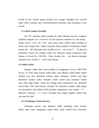 71
kembali di toko tersebut dengan perolehan skor tertinggi. Sedangkan skor terendah
adalah ketika konsumen akan merekomendasikan kerabatnya untuk berbelanja di toko
tersebut.
4.1.4 Hasil Analisis Deskriptif
Dari 385 responden dalam penelitian ini, dapat diketahui persentase tanggapan
responden mengenai store atmosphere (X) dan kepuasan konsumen (Y) yaitu masing –
masing sebesar 73,4% dan 75,0% yang artinya kedua variabel dalam penelitian ini
berada pada kategori baik. Adapun responden dalam penelitian ini kebanyakan berjenis
kelamin laki – laki. Responden pada penelitian ini rata – rata berusia 17 – 25 tahun dan
kebanyakan berasal dari kalangan pelajar dan mahasiswa dengan pendapatan setiap
bulannya di bawah Rp. 2.000.000,-. Dapat diketahui rata – rata frekuensi kunjungan
responden yaitu sebanyak 2 – 3 kali setiap bulannya.
4.2 Analisis Faktor
Pengujian analisis faktor pada penelitian ini menggunakan software IBM SPSS
Statistic 20. Pada tahap pertama analisis faktor yang dilakukan adalah menilai variabel
manakah yang akan dimasukkan kedalam analisis selanjutnya. Variabel yang dapat
dimasukkan kedalam analisis selanjutnya adalah variabel yang mempunyai korelasi
yang cukup tinggi dengan variabel lain sehingga dapat mengelompok dan membentuk
sebuah faktor. Data hasil kuisioner sebanyak 385 responden kemudian diolah dengan
cara memasukkan data kedalam SPSS, kemudian menggunakan menu Analyze
Dimension, Reduction Factor. Kemudian akan tampak pengisian variabel mana
saja yang akan diuji.
4.2.1 Perhitungan Matrix Korelasi
Perhitungan pertama yang digunakan adalah perhitungan matrix korelasi,
dimana untuk dapat menggunakan analisis faktor semua variabel harus berkorelasi.
 