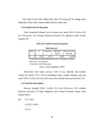 86
Dari output di atas dapat dilihat bahwa nilai VIF kurang dari 10, sehingga dapat
disimpulkan bahwa tidak terdapat multikolinearitas dalam data.
4.3.2 Analisis Korelasi Berganda
Untuk mengetahui hubungan secara bersama-sama antara Public Facilities (X1)
dan Performance (X2) terhadap Kepuasan Konsumen (Y), digunakan analisis korelasi
berganda (R).
Tabel 4.16 Analisis Korelasi Berganda
Model Summaryb
Model R R Square Adjusted R
Square
Std. Error of the
Estimate
1 ,735a
,541 ,538 ,55525
a. Predictors:(Constant),REGR factor score 2 for analysis 1,REGR
factor score 1 for analysis 1
b. DependentVariable:Kepuasan
Sumber: hasil pengolahan SPSS
Berdasarkan hasil output software SPSS di atas, diperoleh nilai koefisien
korelasi (R) sebesar 0,735. Hal ini menunjukkan bahwa terdapat hubungan yang kuat
antara Public Facilities (X1) dan Performance (X2) terhadap Kepuasan Konsumen (Y).
4.3.3 Koefisien Determinasi
Besarnya pengaruh Public Facilities (X1) dan Performance (X2) terhadap
Kepuasan Konsumen (Y) dapat ditunjukkan oleh koefisien determinasi dengan rumus
sebagai berikut :
KD = R2 x 100%
= (0,735)2 x 100%
= 54,1%
 