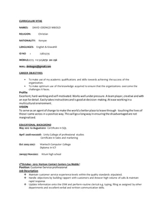 CURRICULUM VITAE FOR MBOGO DAVID UPDATED 2015-1 | DOCX