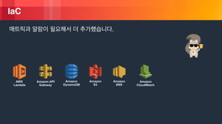 © 2018, Amazon Web Services, Inc. or its Affiliates. All rights reserved.
IaC
.
AWS
Lambda
Amazon API
Gateway
Amazon 
DynamoDB
Amazon 
S3
Amazon 
SNS
Amazon
CloudWatch
 