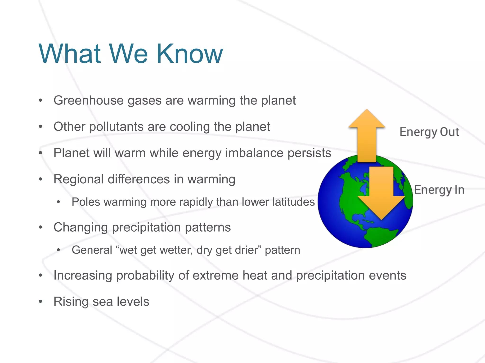 What We Know
• Greenhouse gases are warming the planet
• Other pollutants are cooling the planet
• Planet will warm while energy imbalance persists
• Regional differences in warming
• Poles warming more rapidly than lower latitudes
• Changing precipitation patterns
• General “wet get wetter, dry get drier” pattern
• Increasing probability of extreme heat and precipitation events
• Rising sea levels
 