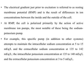 • The electrical gradient just prior to excitation is referred to as resting
membrane potential (RMP) and is the result of differences in ion
concentrations between the inside and the outside of the cell.
• At RMP, the cell is polarized primarily by the action of active
membrane ion pumps, the most notable of these being the sodium-
potassium pump.
• For example, this specific pump (in addition to other systems)
attempts to maintain the intracellular sodium concentration at 5 to 15
mEq/L and the extracellular sodium concentration at 135 to 142
mEq/L; the intracellular potassium concentration at 135 to 140 mEq/L
and the extracellular potassium concentration at 3 to 5 mEq/L.
 