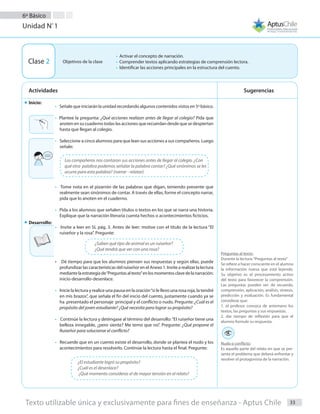 SugerenciasActividades
6º Básico
33	 Texto utilizable única y exclusivamente para fines de enseñanza - Aptus Chile
Unidad Nº
1
Clase 2
• Señale que iniciarán la unidad recordando algunos contenidos vistos en 5º básico.
• Plantee la pregunta: ¿Qué acciones realizan antes de llegar al colegio? Pida que
anoten en su cuaderno todas las acciones que recuerdan desde que se despiertan
hasta que llegan al colegio.
• Seleccione a cinco alumnos para que lean sus acciones a sus compañeros. Luego
señale:
• Tome nota en el pizarrón de las palabras que digan, teniendo presente que
realmente sean sinónimos de contar. A través de ellas, forme el concepto narrar,
pida que lo anoten en el cuaderno.
• Pida a los alumnos que señalen títulos o textos en los que se narra una historia.
Explique que la narración literaria cuenta hechos o acontecimientos ficticios.
• Invite a leer en SL pág. 3. Antes de leer: motive con el título de la lectura “El
ruiseñor y la rosa”. Pregunte:
•    Dé tiempo para que los alumnos piensen sus respuestas y según ellas, puede
profundizar las características del ruiseñor en el Anexo 1. Invite a realizar la lectura
mediantelaestrategiade“Preguntasaltexto”enlosmomentosclavedelanarración:
inicio-desarrollo-desenlace.
• Inicie la lectura y realice una pausa en la oración“si le llevo una rosa roja, la tendré
en mis brazos”, que señala el fin del inicio del cuento, justamente cuando ya se
ha presentado el personaje principal y el conflicto o nudo. Pregunte: ¿Cuál es el
propósito del joven estudiante? ¿Qué necesita para lograr su propósito?
• Continúe la lectura y deténgase al término del desarrollo:“El ruiseñor tiene una
belleza innegable, ¿pero siente? Me temo que no”. Pregunte: ¿Qué propone el
Ruiseñor para solucionar el conflicto?
• Recuerde que en un cuento existe el desarrollo, donde se plantea el nudo y los
acontecimientos para resolverlo. Continúe la lectura hasta el final. Pregunte:
Preguntas al texto:
Durante la lectura:“Preguntas al texto”
Se refiere a hacer consciente en el alumno
la información nueva que está leyendo.
Su objetivo es el procesamiento activo
del texto para favorecer la comprensión.
Las preguntas pueden ser: de recuerdo,
comprensión, aplicación, análisis, síntesis,
predicción y evaluación. Es fundamental
considerar que:
1. el profesor conozca de antemano los
textos, las preguntas y sus respuestas.
2. dar tiempo de reflexión para que el
alumno formule su respuesta.
Nudo o conflicto:
Es aquella parte del relato en que se pre-
senta el problema que deberá enfrentar y
resolver el protagonista de la narración.
Los compañeros nos contaron sus acciones antes de llegar al colegio. ¿Con
qué otra palabra podemos señalar la palabra contar? ¿Qué sinónimos se les
ocurre para esta palabra? (narrar - relatar).
¿Saben qué tipo de animal es un ruiseñor?
¿Qué tendrá que ver con una rosa?
¿El estudiante logró su propósito?
¿Cuál es el desenlace?
¿Qué momento consideras el de mayor tensión en el relato?
• Activar el concepto de narración.
• Comprender textos aplicando estrategias de comprensión lectora.
• Identificar las acciones principales en la estructura del cuento.
Objetivos de la clase
Inicio:
Desarrollo:
 