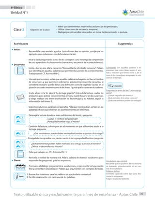 35
6º Básico
Texto utilizable única y exclusivamente para fines de enseñanza - Aptus Chile
Clase 3
•   Recuerde la tarea enviada y pida a 5 estudiantes leer su opinión, corrija que los
ejemplos sean coherentes con la fundamentación.
•    Inicielaclasepreguntandoacercadedosconceptosyunaestrategiadecomprensión
lectora aprendidos la clase anterior (narración y secuencia de acontecimientos).
• Invite a leer en voz alta la narración“Quique Hache, el caballo fantasma”. Pídales
que identifiquen aquellas palabras que permiten la sucesión de acontecimientos.
Trabaje con el CT, Actividad Nº 2.
• Unavezqueterminen,señalequeaquellaspalabrassubrayadasrecibenelnombre
de conectores y que permiten ordenar los acontecimientos en la narración. Si
considera necesario puede dictar una definición como la sugerida. Escriba en el
pizarrónuncuadroresumencomoeldelAnexo1ypidaquelocopienenelcuaderno.
• Invite a leer en la SL, pág. 8, “La tortuga gigante”. Antes de la lectura, realice las
preguntas para activar conocimientos previos, puede basarse en las sugeridas
y luego realizar una breve explicación de las tortugas y su hábitat, según la
información del Anexo 2.
• Seleccione alumnos para leer por párrafos. Pida que mientras lean, se fijen en las
palabras o frases que ordenan los acontecimientos en el tiempo.
• Detenga la lectura donde se marca el término del inicio y pregunte:
• Continúe la lectura y deténgase en el momento en que el hombre ayuda a la
tortuga, pregunte:
• Prosiga la lectura y realice una pausa cuando la tortuga ayuda al hombre, pregunte:
• Pida que trabajen en CT, Actividad Nº 3.
• Revise la actividad de manera oral. Pida la palabra de diversos estudiantes para
responder las preguntas, guíe las respuestas.
• Promueva el diálogo preguntando a sus alumnos, ¿creen que la tortuga quedó
feliz y contenta en el zoológico? Pídales que argumenten con ejemplos del texto.
1. Buscar dos sinónimos para las palabras de vocabulario contextual.
2. Escribir una oración con cada una de las palabras.
Conectores: son aquellas palabras o ex-
presiones que unen ideas según el sen-
tido o relación que tienen entre sí. En el
caso de los conectores temporales la rela-
ción es de tiempo.
Preguntas de antes de leer “La tortuga gi-
gante”:
- ¿Dónde hay selva en América?
- ¿Qué animales de la selva conoces?
- ¿Qué características poseen las tortugas?
Vocabulario para control:
Recuerde que las palabras de vocabulario
se evaluarán posteriormente en un con-
trol de vocabulario.
Palabras de hoy:
Arrimada: apoyada sobre algo para des-
cansar o sostenerse
Fulgor: resplandor brillante.
SugerenciasActividades
¿Cuál es el conflicto del personaje?
¿Para qué el hombre viaja al monte?
¿Qué sentimientos pueden haber motivado a la tortuga a ayudar al hombre?
¿Dónde se desarrolla esta historia?
¿Qué sentimientos pueden haber motivado al hombre a ayudar a la tortuga?
Unidad Nº
1
•  Inferir qué sentimientos motivan las acciones de los personajes.
• Utilizar conectores de secuencia temporal.
• Dialogar para desarrollar ideas sobre un tema, fundamentando la postura.
Objetivos de la clase
Inicio:
Desarrollo:
Cierre:
Tarea
Atención
 