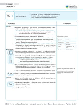 SugerenciasActividades
38
Unidad Nº
1
6º Básico
Texto utilizable única y exclusivamente para fines de enseñanza - Aptus Chile
Clase 4
•  Recuerde la tarea enviada y revise el uso de los sinónimos encontrados. Luego,
para introducir el tema de la clase, pregunte:
•   Comente estas noticias con los estudiantes. Señale que:
• Explique que hoy trabajarán la lectura comprensiva de una noticia recordando
aspectos fundamentales de la misma. Puede buscar un video de algún noticiero
en internet para mostrárselo a sus alumnos.
• Invite a los estudiantes a trabajar en el CT Actividad Nº 4. Pida a los alumnos que
observeneltexto“Sugierenfirmaracuerdoantiacosoescolar”ynombrensuspartes.
• Comience la lectura y estimule a entender el significado de las palabras destacadas
en el texto volviendo a leer la oración en que aparece cada una. Pregunte:
• Pida que continúen trabajando en la actividad de comprensión lectora. Refuerce
las preguntas básicas de la noticia con un esquema como el sugerido. Pida que
apliquen las preguntas a la noticia leída y contesten en su cuaderno.
• Aclare que la información más relevante se presenta en las seis preguntas básicas.
• Reviselaactividaddemaneraoralpidiendolaparticipacióndediversosestudiantes,
realice las correcciones pertinentes.
• ¿Qué les parece la medida tomada por la directora de familia Educa?, ¿les parece
buena idea? Fundamenta tu respuesta.
- Escribe cómo podemos evitar el bullying en nuestra escuela. Utiliza las palabras
aprendidas y sus sinónimos.
- Averiguar quién es Prometeo.
Preguntas de la noticia:
¿Qué pasó? El suceso
¿Cuándo pasó? El tiempo
¿Dónde pasó? El lugar
¿Por qué? Las causas
¿Quién? El protagonista de la
noticia
¿Cómo? La circunstancias
Recuerde el trabajo con las palabras de
léxico contextual.
Convivencia: Relación, entendimiento
Intimidación: desafío, provocación,
amenaza.
Las noticias informan hechos reales y contingentes de forma objetiva, clara y
concisa,suprimiendodatosirrelevantes.Estaorganizalainformaciónrespon-
diendo a las preguntas básicas (ver cuadro).
¿Cuál es el significado de esta palabra?
¿Qué otra palabra puede reemplazar al concepto destacado?
¿Han escuchado alguna noticia que les haya llamado la atención?
¿Qué hechos noticiosos han ocurrido en los últimos días?
•  Comprender una noticia aplicando las preguntas básicas.
•  Comunicar oralmente la opinión sobre un tema dado.
• Escribir sugerencias utilizando las nuevas palabras.
Objetivos de la clase
Inicio:
Desarrollo:
Cierre:
Tarea
Vocabulario
 
