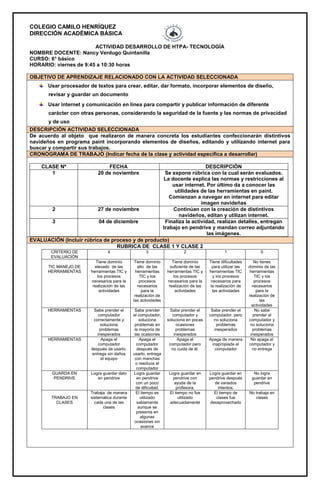 COLEGIO CAMILO HENRÍQUEZ
DIRECCIÓN ACADÉMICA BÁSICA
ACTIVIDAD DESARROLLO DE HTPA- TECNOLOGÍA
NOMBRE DOCENTE: Nancy Verdugo Quintanilla
CURSO: 6° básico
HORARIO: viernes de 9:45 a 10:30 horas
OBJETIVO DE APRENDIZAJE RELACIONADO CON LA ACTIVIDAD SELECCIONADA
Usar procesador de textos para crear, editar, dar formato, incorporar elementos de diseño,
revisar y guardar un documento
Usar internet y comunicación en línea para compartir y publicar información de diferente
carácter con otras personas, considerando la seguridad de la fuente y las normas de privacidad
y de uso
DESCRIPCIÓN ACTIVIDAD SELECCIONADA
De acuerdo al objeto que realizaron de manera concreta los estudiantes confeccionarán distintivos
navideños en programa paint incorporando elementos de diseños, editando y utilizando internet para
buscar y compartir sus trabajos.
CRONOGRAMA DE TRABAJO (Indicar fecha de la clase y actividad específica a desarrollar)
CLASE Nº FECHA DESCRIPCIÓN
1 20 de noviembre Se expone rúbrica con la cual serán evaluados.
La docente explica las normas y restricciones al
usar internet. Por último da a conocer las
utilidades de las herramientas en paint.
Comienzan a navegar en internet para editar
imagen navideñas
2 27 de noviembre Continúan con la creación de distintivos
navideños, editan y utilizan internet.
3 04 de diciembre Finaliza la actividad, realizan detalles, entregan
trabajo en pendrive y mandan correo adjuntando
las imágenes.
EVALUACIÓN (Incluir rúbrica de proceso y de producto)
RUBRICA DE CLASE 1 Y CLASE 2
CRITERIO DE
EVALUACIÓN
4 3 2 1 0
TIC MANEJO DE
HERRAMIENTAS
Tiene dominio
elevado de las
herramientas TIC y
los procesos
necesarios para la
realización de las
actividades
Tiene dominio
alto de las
herramientas
TIC y los
procesos
necesarios
para la
realización de
las actividades
Tiene dominio
suficiente de las
herramientas TIC y
los procesos
necesarios para la
realización de las
actividades
Tiene dificultades
para utilizar las
herramientas TIC
y los procesos
necesarios para
la realización de
las actividades
No tienes
dominio de las
herramientas
TIC y los
procesos
necesarios
para la
realización de
las
actividades
HERRAMIENTAS Sabe prender el
computador
correctamente y
soluciona
problemas
inesperados
Sabe prender
el computador,
soluciona
problemas en
la mayoría de
las ocasiones
Sabe prender el
computador y
soluciona en pocas
ocasiones
problemas
inesperados
Sabe prender el
computador, pero
no soluciona
problemas
inesperados
No sabe
prender el
computador y
no soluciona
problemas
inesperados
HERRAMIENTAS Apaga el
computador
después de usarlo,
entrega sin daños
el equipo
Apaga el
computador
después de
usarlo, entrega
con manchas
o residuos el
computador
Apaga el
computador pero
no cuida de él.
Apaga de manera
inapropiada el
computador
No apaga el
computador y
no entrega
GUARDA EN
PENDRIVE
Logra guardar dato
en pendrive
Logra guardar
en pendrive
con un poco
de dificultad.
Logra guardar en
pendrive con
ayuda de la
profesora.
Logra guardar en
pendrive después
de variados
intentos.
No logra
guardar en
pendrive
TRABAJO EN
CLASES
Trabaja de manera
sistemática durante
cada una de las
clases
El tiempo es
utilizado
sabiamente
aunque se
presenta en
algunas
ocasiones sin
avance
El tiempo no fue
utilizado
adecuadamente
El tiempo de
clases fue
desaprovechado
No trabaja en
clases
 
