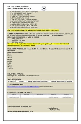 COLEGIO CAMILO HENRÍQUEZ
DIRECCIÓN ACADÉMICA BÁSICA
22. RIVAS REBOLLEDO MAYTE ALEXANDRA
23. ROJAS ABARCA SARA ABIGAIL
24. RUBIO RIO SOFIA LORETO
25. SANCHEZ FUENTES DAVID ANDRES
26. TAVOLARI GALVEZ OSCAR
27. VALDES GUTIERREZ FERNANDA ANAIS
28. VALDIVIA AREVALO FLORENCIA ANTONIA
29. VARGAS RETAMALES MARIA JOSE
30. VIDELA DE LA PAZ CAMILA FERNANDA
31. VILLAGRAN SANCHEZ MARIO ANDRES
32. ZAMORANO AMBLER ELSON BENJAMIN
NOTA: La nivelación PAC de Historia concluye el miércoles 07 de octubre.
TALLER DE PSICOPEDAGOGÍA: Revisar agenda. Se citarán a taller vía comunicación, además, se
les recuerda justificar inasistencia. DESDE EL 27 DE JULIO AL 11 DE SEPTIEMBRE
LENGUAJE- VIERNES 13: 45 A 15: 00 HORAS
1. PABLO MARTIN
2. BASTIAN OSORIO
3. ORTEGA MAIRA
El viernes 11 de septiembre no se realizará taller psicopedagógico por la realización de la
Muestra Folclórica de Enseñanza Media.
NIVELACIÓN PAC INGLÉS: Jueves de 13: 45 a 14: 45 horas desde el 03 de septiembre al 24 de
septiembre
Alumnos convocados
Freire
García
Martín
Ortega
Quiroz
Rubio
Chacón
Moreno
Valdivia
BIBLIOTECA VIRTUAL:
Descargar PPT asignaturas y revisión fichas PAC
TEST ME PREPARO
¡QUIERO SABER MÁS!
https://www.youtube.com/watch?v=PMFiooFtNrc (texto argumentativo)
CALENDARIO DE EVALUACIONES
Sin otro particular, se despide atte.
Pamela Cuevas
Profesora Jefe
Maipú, viernes 4 de Septiembre 2015
 