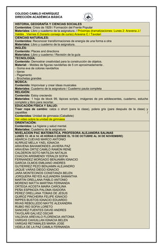 COLEGIO CAMILO HENRÍQUEZ
DIRECCIÓN ACADÉMICA BÁSICA
HISTORIA, GEOGRAFÍA Y CIENCIAS SOCIALES
Contenidos: Crisis de 1929 / Formación del Frente Popular
Materiales: Libro y cuaderno de la asignatura. / Próximas dramatizaciones: Lunes 2: Aravena J /
Valdés . Viernes 6 (horario consejo de curso) Aravena C / Tavolari
CIENCIAS NATURALES:
Contenidos: Reconocer transformaciones de energía de una forma a otra
Materiales: Libro y cuaderno de la asignatura.
INGLÉS:
Contenido: Places and directions
Materiales: Libro y cuaderno / Revisión de la guía
TECNOLOGÍA:
Contenido: Demostrar creatividad para la construcción de objetos.
Material: - Moldes de figuras navideñas de 5 cm aproximadamente .
- Goma eva de colores navideños
- tijeras
- Pegamento
- Brochetas grandes
MÚSICA:
Contenido: Improvisar y crear ideas musicales
Materiales: Cuaderno de la asignatura / Cuaderno pauta completa
RELIGIÓN:
Contenido: Estoy creciendo
Materiales: 1 hoja de block 99, lápices scripto, imágenes de pre adolescentes, cuaderno, estuche
completo y libro para recortar.
EDUCACIÓN FÍSICA Y SALUD:
Traer ropa de cambio: calza o short (para la clase), polera gris (para después de la clase) y
zapatillas /
Contenidos: Unidad de gimnasia (Caballete)
Ver video sobre la unidad de gimnasia
ORIENTACIÓN:
Contenidos: La higiene y salud mental.
Materiales: Cuaderno de la asignatura
NIVELACION PAC MATEMATICA. PROFESORA ALEJANDRA SALINAS
LUNES 13: 45 A 14: 45 HORAS 8 (DESDE EL 19 DE OCTUBRE AL 30 DE NOVIEMBRE)
ABARCA CUEVAS MARCO ANTONIO
ALRRUIZ MELLA YAEL IGNACIA
ARAVENA BAHAMONDES JAVIERA PAZ
ARAVENA ORTIZ CAMILO RAMON RENE
CALDERON SOTO MATILDA NATALIA
CHACON ARISMENDI YERALDI SOFIA
FERNANDEZ MORGADO BENJAMIN IGNACIO
GARCIA OLMOS EMILIANO ANDRES
GUTIERREZ PEZO BENJAMIN ALEJANDRO
JAQUE VARAS DIEGO IGNACIO
JARA MONTECINOS CONSTANZA BELEN
JORQUERA REYES ALEJANDRA SAMANTHA
MARTIN ORELLANA PABLO ANTONIO
MORENO MATTA MARTINA FERNANDA
ORTEGA ACOSTA MAIRA CAROLINA
PEÑA ESPINOZA PALOMA ISADORA
PEREZ ORELLANA TOMAS DE JESUS
QUIROZ PINCHEIRA FELIPE IGNACIO
RIPPES BUSTOS IGNACIO EDUARDO
RIVAS REBOLLEDO MAYTE ALEXANDRA
RUBIO RIO SOFIA LORETO
SANCHEZ FUENTES DAVID ANDRES
TAVOLARI GALVEZ OSCAR
VALDIVIA AREVALO FLORENCIA ANTONIA
VARGAS CAHUILLAN IGNACIA BELEN
VARGAS RETAMALES MARIA JOSE
VIDELA DE LA PAZ CAMILA FERNANDA
 