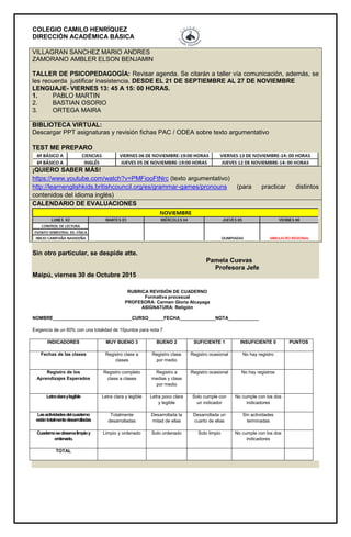 COLEGIO CAMILO HENRÍQUEZ
DIRECCIÓN ACADÉMICA BÁSICA
VILLAGRAN SANCHEZ MARIO ANDRES
ZAMORANO AMBLER ELSON BENJAMIN
TALLER DE PSICOPEDAGOGÍA: Revisar agenda. Se citarán a taller vía comunicación, además, se
les recuerda justificar inasistencia. DESDE EL 21 DE SEPTIEMBRE AL 27 DE NOVIEMBRE
LENGUAJE- VIERNES 13: 45 A 15: 00 HORAS.
1. PABLO MARTIN
2. BASTIAN OSORIO
3. ORTEGA MAIRA
BIBLIOTECA VIRTUAL:
Descargar PPT asignaturas y revisión fichas PAC / ODEA sobre texto argumentativo
TEST ME PREPARO
¡QUIERO SABER MÁS!
https://www.youtube.com/watch?v=PMFiooFtNrc (texto argumentativo)
http://learnenglishkids.britishcouncil.org/es/grammar-games/pronouns (para practicar distintos
contenidos del idioma inglés)
CALENDARIO DE EVALUACIONES
Sin otro particular, se despide atte.
Pamela Cuevas
Profesora Jefe
Maipú, viernes 30 de Octubre 2015
RUBRICA REVISIÓN DE CUADERNO
Formativa procesual
PROFESORA: Carmen Gloria Alcayaga
ASIGNATURA: Religión
NOMBRE_______________________________CURSO______FECHA______________NOTA____________
Exigencia de un 60% con una totalidad de 15puntos para nota 7
INDICADORES MUY BUENO 3 BUENO 2 SUFICIENTE 1 INSUFICIENTE 0 PUNTOS
Fechas de las clases Registro clase a
clases
Registro clase
por medio
Registro ocasional No hay registro
Registro de los
Aprendizajes Esperados
Registro completo
clase a clases
Registro a
medias y clase
por medio
Registro ocasional No hay registros
Letraclaraylegible Letra clara y legible Letra poco clara
y legible
Solo cumple con
un indicador
No cumple con los dos
indicadores
Lasactividadesdelcuaderno
estántotalmentedesarrolladas
Totalmente
desarrolladas
Desarrollada la
mitad de ellas
Desarrollada un
cuarto de ellas
Sin actividades
terminadas
Cuadernoseobservalimpioy
ordenado.
Limpio y ordenado Solo ordenado Solo limpio No cumple con los dos
indicadores
TOTAL
 