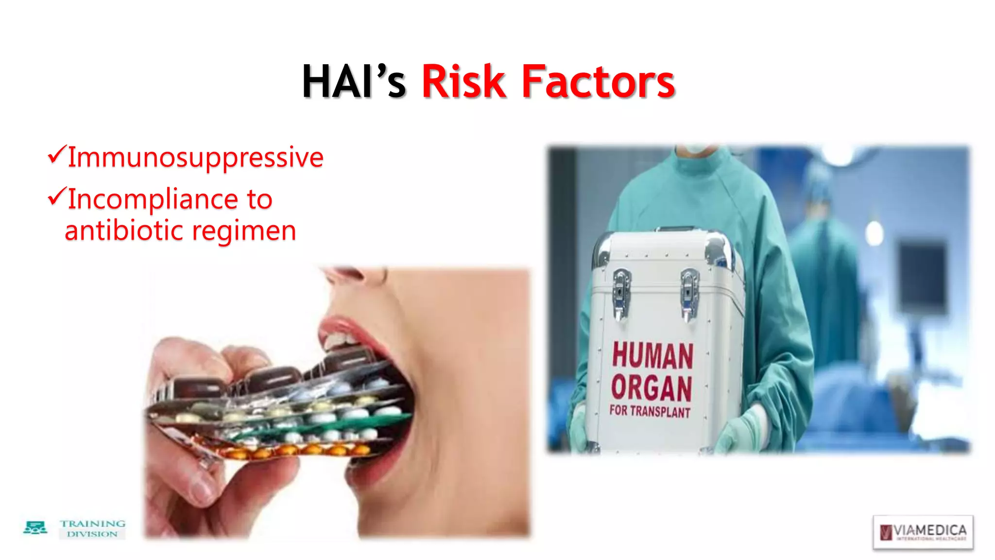 HAI’s Risk Factors
Immunosuppressive
Incompliance to
antibiotic regimen
 