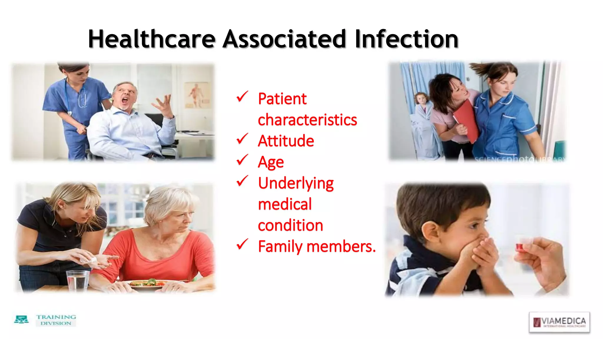 Healthcare Associated Infection
 Patient
characteristics
 Attitude
 Age
 Underlying
medical
condition
 Family members.
 