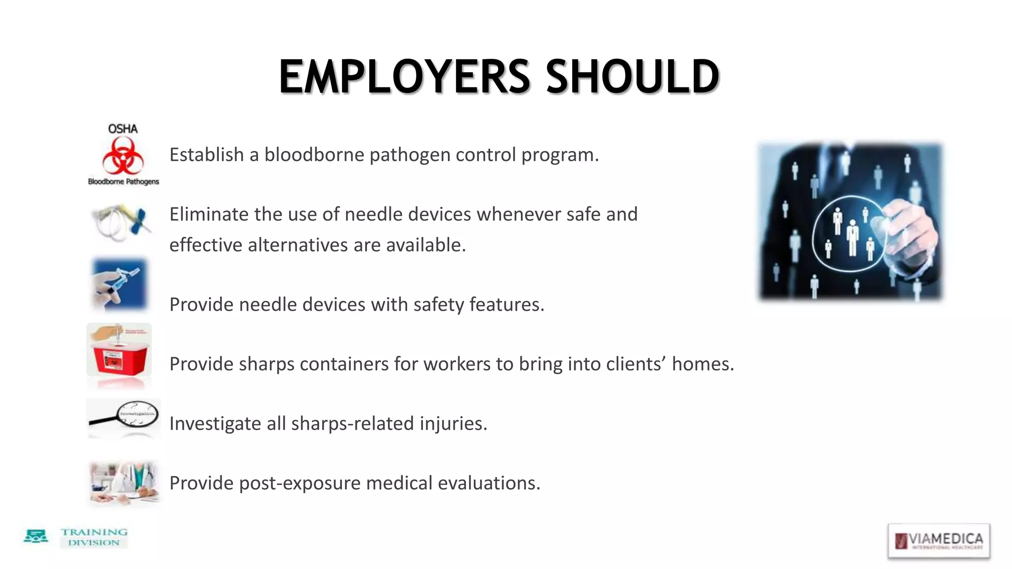 EMPLOYERS SHOULD
Establish a bloodborne pathogen control program.
Eliminate the use of needle devices whenever safe and
effective alternatives are available.
Provide needle devices with safety features.
Provide sharps containers for workers to bring into clients’ homes.
Investigate all sharps-related injuries.
Provide post-exposure medical evaluations.
 