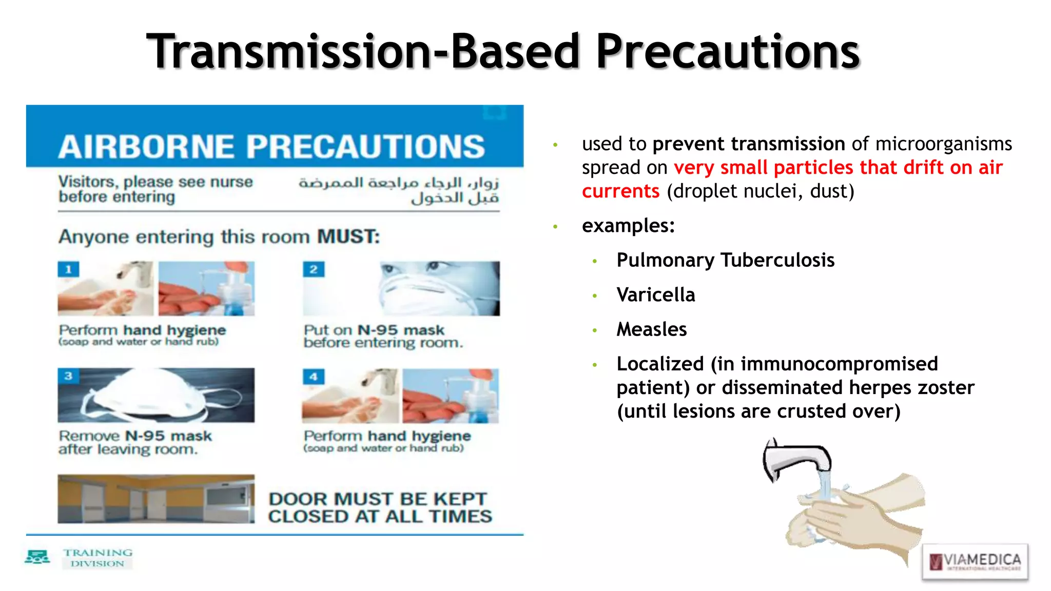 Transmission-Based Precautions
• used to prevent transmission of microorganisms
spread on very small particles that drift on air
currents (droplet nuclei, dust)
• examples:
• Pulmonary Tuberculosis
• Varicella
• Measles
• Localized (in immunocompromised
patient) or disseminated herpes zoster
(until lesions are crusted over)
 