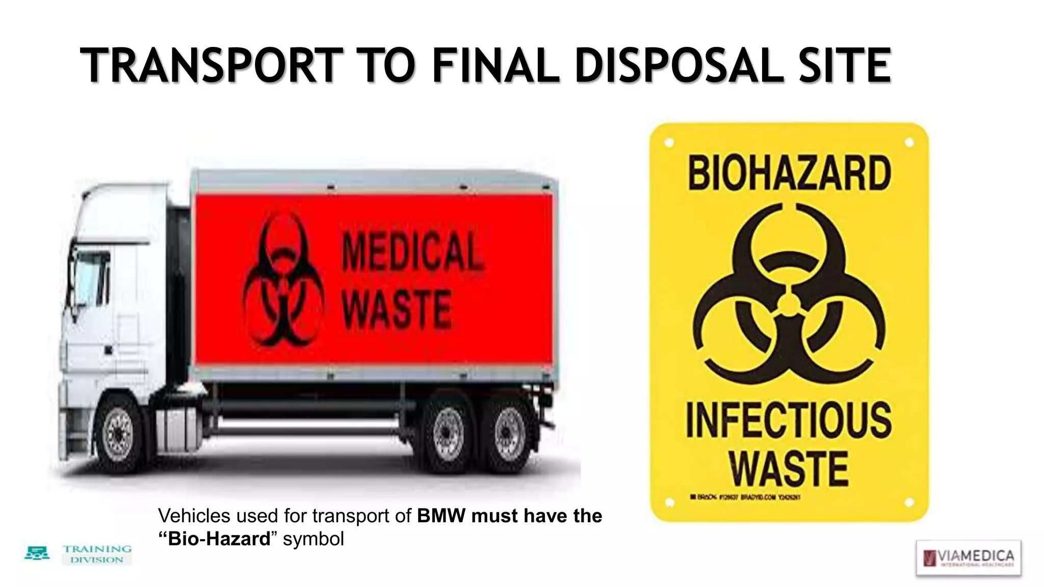 TRANSPORT TO FINAL DISPOSAL SITE
Vehicles used for transport of BMW must have the
“Bio‐Hazard” symbol
 