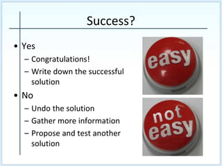 Success?
• Yes
– Congratulations!
– Write down the successful
solution
• No
– Undo the solution
– Gather more information
– Propose and test another
solution
 