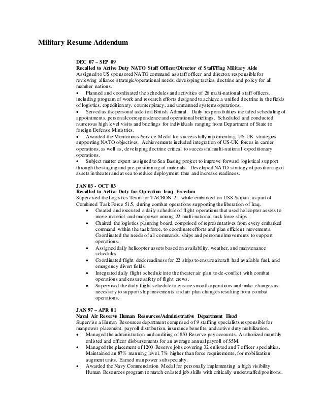 military resume addendum resume addendum