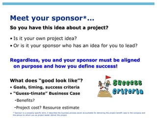 Meet your sponsor*…
So you have this idea about a project?
• Is it your own project idea?
• Or is it your sponsor who has ...