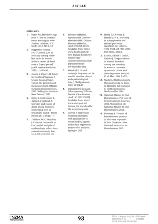 93
NZMJ 19 August 2016, Vol 129 No 1440
ISSN 1175-8716 	 © NZMA
www.nzma.org.nz/journal
1.	 Baker MG, Howden-Chap-
man P. Time to invest in
better housing for New
Zealand children. N Z
Med J. 2012; 125:6–10.
2.	 Baggett TP, Hwang
SW, O’Connell JJ, et al.
Mortality among home-
less adults in Boston:
shifts in causes of death
over a 15-year period.
JAMA internal medicine.
2013; 173:189–95.
3.	 Amore K, Viggers H, Baker
M, Howden-Chapman P.
Severe Housing Depri-
vation: The problem and
its measurement. Official
Statistics Research Series,
2013. Wellington: Statistics
New Zealand, 2013.
4.	 Beijer U, Andreasson S,
Ågren G, Fugelstad A.
Mortality and causes of
death among homeless
women and men in
Stockholm. Scand J Public
Health. 2011; 39:121–7.
5.	 Thiébaut ACM, Bénichou
J. Choice of time-scale in
Cox’s model analysis of
epidemiologic cohort data:
a simulation study. Stat
Med. 2004; 23:3803–20.
6.	 Ministry of Health.
Population of Counties
Manukau DHB. Edition.:
Ministry of Health,
cited 31 March 2016].
Available from: http://
www.health.govt.nz/
new-zealand-health-sys-
tem/my-dhb/
counties-manukau-dhb/
population-coun-
ties-manukau-dhb
7.	 Marshall RJ. Scaled
rectangle diagrams can be
used to visualize clinical
and epidemiological
data. J Clin Epidemiol.
2005; 58:974–81.
8.	 Statistics New Zealand.
Life expectancy. Edition.:
Statistics New Zealand,
cited 15/12/2015 2015].
Available from: http://
www.stats.govt.nz/
browse_for_stats/health/
life_expectancy.aspx
9.	 Harrell F. Regression
modeling strategies:
with applications to
linear models, logistic
and ordinal regression,
and survival analysis:
Springer, 2015.
10.	 Healy D, Le Noury J,
Harris M, et al. Mortality
in schizophrenia and
related psychoses:
data from two cohorts,
1875–1924 and 1994–2010.
BMJ Open. 2012; 2.
11.	 Fazel S, Khosla V, Doll H,
Geddes J. The prevalence
of mental disorders
among the homeless
in western countries:
systematic review and
meta-regression analysis.
PLoS Med. 2008; 5:e225.
12.	 Medicine Hat Community
Housing Society. At home
in Medicine Hat: our plan
to end homelessness.
Medicine Hat, 2014.
13.	 National Alliance to End
Homelessness. The state of
homelessness in America
2015. Washington DC:
National Alliance to End
Homelessness, 2015.
14.	 Pomeroy S. The cost of
homelessness: analysis
of alternate responses
in four Canadian cities.:
National Secretariat on
Homelessness 2005.
REFERENCES:
ARTICLE
 