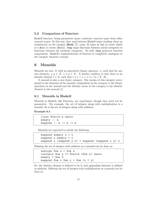 5.2 Comparison of Functors
Haskell functors, being parametric types, construct concrete types from other
concrete types. In this way, they map between Haskell types (making them an
endofunctor on the category Hask) [7]. List, [] takes an Int to create [Int]
or a Bool to create [Bool]. fmap maps functions between initial categories to
functions between the resultant categories. As well, fmap preserves function
composition. Haskell’s implementation of functors is completely analogous to
the category theoretic concept.
6 Monoids
Monoids are sets, X with an associative binary operator, ⊕, such that for any
two elements, x, y ∈ X, x ⊕ y ∈ X. A further conditon is that there is an
identity element e ∈ X, such that e ⊕ x = x = x ⊕ e ∀x ∈ X [2].
A monoid is also a one object category. The arrows of this category corre-
spond to the elements of the monoid, composition in the category is the binary
operation in the monoid and the identity arrow in the category is the identity
element in the monoid [1].
6.1 Monoids in Haskell
Monoids in Haskell, like Functors, are typeclasses, though they need not be
parametric. For example, the set of integers along with multiplication is a
monoid. So is the set of integers along with addition.
Example 6.1.
class Monoid m where
mempty :: m
mappend :: m -> m -> m
Monoids are expected to satisfy the following:
mappend mempty x = x
mappend x mempty = x
mappend x (mappend y z) = mappend (mappend x y) z
Deﬁning the set of integers with addition as a monoid can be done as:
newtype Sum a = Sum a
instance Num a => Monoid (Sum a) where
mempty = Sum 0
mappend Sum x Sum y = Sum (x + y)
So, the identity element is deﬁned to be 0, and appending elements is deﬁned
as addition. Deﬁning the set of integers with multiplication as a monoid can be
done as:
11
 