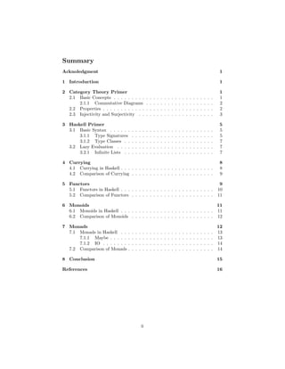 Summary
Acknoledgment 1
1 Introduction 1
2 Category Theory Primer 1
2.1 Basic Concepts . . . . . . . . . . . . . . . . . . . . . . . . . . . . 1
2.1.1 Commutative Diagrams . . . . . . . . . . . . . . . . . . . 2
2.2 Properties . . . . . . . . . . . . . . . . . . . . . . . . . . . . . . . 2
2.3 Injectivity and Surjectivity . . . . . . . . . . . . . . . . . . . . . 3
3 Haskell Primer 5
3.1 Basic Syntax . . . . . . . . . . . . . . . . . . . . . . . . . . . . . 5
3.1.1 Type Signatures . . . . . . . . . . . . . . . . . . . . . . . 5
3.1.2 Type Classes . . . . . . . . . . . . . . . . . . . . . . . . . 7
3.2 Lazy Evaluation . . . . . . . . . . . . . . . . . . . . . . . . . . . 7
3.2.1 Inﬁnite Lists . . . . . . . . . . . . . . . . . . . . . . . . . 7
4 Currying 8
4.1 Currying in Haskell . . . . . . . . . . . . . . . . . . . . . . . . . . 8
4.2 Comparison of Currying . . . . . . . . . . . . . . . . . . . . . . . 9
5 Functors 9
5.1 Functors in Haskell . . . . . . . . . . . . . . . . . . . . . . . . . . 10
5.2 Comparison of Functors . . . . . . . . . . . . . . . . . . . . . . . 11
6 Monoids 11
6.1 Monoids in Haskell . . . . . . . . . . . . . . . . . . . . . . . . . . 11
6.2 Comparison of Monoids . . . . . . . . . . . . . . . . . . . . . . . 12
7 Monads 12
7.1 Monads in Haskell . . . . . . . . . . . . . . . . . . . . . . . . . . 13
7.1.1 Maybe . . . . . . . . . . . . . . . . . . . . . . . . . . . . . 13
7.1.2 IO . . . . . . . . . . . . . . . . . . . . . . . . . . . . . . . 14
7.2 Comparison of Monads . . . . . . . . . . . . . . . . . . . . . . . . 14
8 Conclusion 15
References 16
ii
 