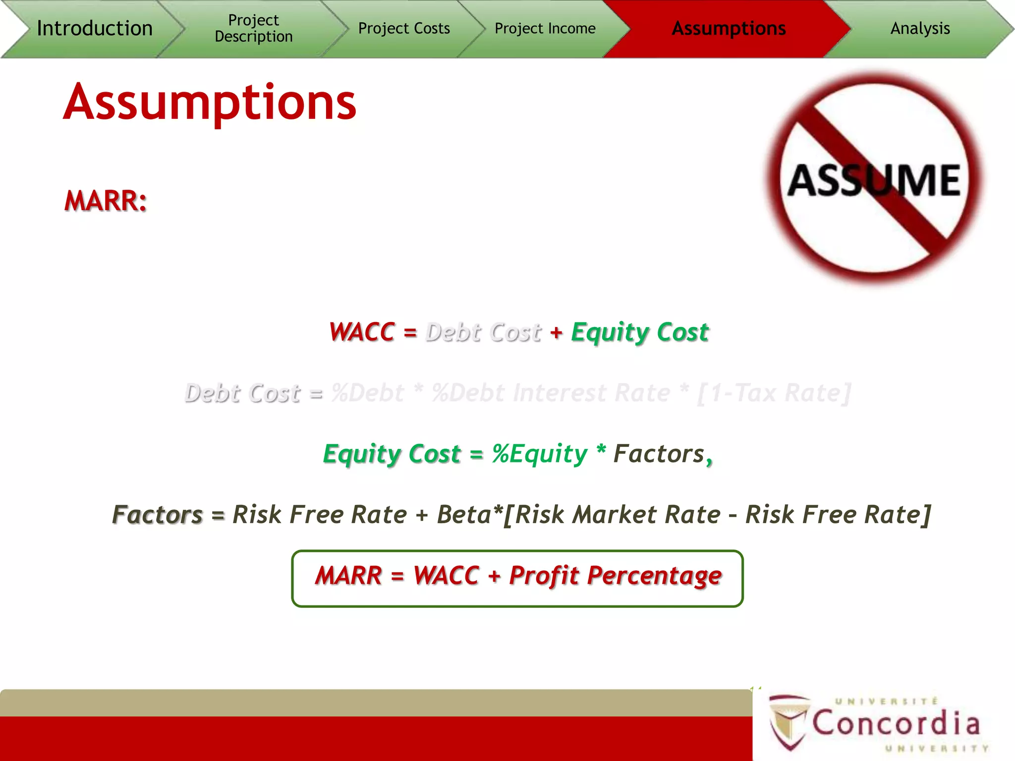 Assumptions
14
MARR:
WACC = Debt Cost + Equity Cost
Debt Cost = %Debt * %Debt Interest Rate * [1-Tax Rate]
Equity Cost = %Equity * Factors,
Factors = Risk Free Rate + Beta*[Risk Market Rate – Risk Free Rate]
MARR = WACC + Profit Percentage
Introduction Project
Description
Project Costs Project Income Assumptions Analysis
 
