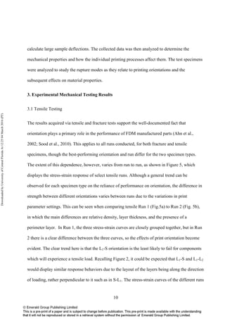 10
calculate large sample deflections. The collected data was then analyzed to determine the
mechanical properties and how the individual printing processes affect them. The test specimens
were analyzed to study the rupture modes as they relate to printing orientations and the
subsequent effects on material properties.
3. Experimental Mechanical Testing Results
3.1 Tensile Testing
The results acquired via tensile and fracture tests support the well-documented fact that
orientation plays a primary role in the performance of FDM manufactured parts (Ahn et al.,
2002; Sood et al., 2010). This applies to all runs conducted, for both fracture and tensile
specimens, though the best-performing orientation and run differ for the two specimen types.
The extent of this dependence, however, varies from run to run, as shown in Figure 5, which
displays the stress-strain response of select tensile runs. Although a general trend can be
observed for each specimen type on the reliance of performance on orientation, the difference in
strength between different orientations varies between runs due to the variations in print
parameter settings. This can be seen when comparing tensile Run 1 (Fig.5a) to Run 2 (Fig. 5b),
in which the main differences are relative density, layer thickness, and the presence of a
perimeter layer. In Run 1, the three stress-strain curves are closely grouped together, but in Run
2 there is a clear difference between the three curves, so the effects of print orientation become
evident. The clear trend here is that the L1-S orientation is the least likely to fail for components
which will experience a tensile load. Recalling Figure 2, it could be expected that L1-S and L1-L2
would display similar response behaviors due to the layout of the layers being along the direction
of loading, rather perpendicular to it such as in S-L1. The stress-strain curves of the different runs
DownloadedbyUniversityofCentralFloridaAt12:2504March2016(PT)
 