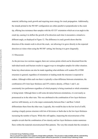 18
material, deflecting crack growth and requiring more energy for crack propagation. Additionally,
the strands printed in the 90/180° configuration are either parallel or perpendicular to the crack
tip, offering less resistance than samples with the 45/135° orientation which are at an angle to the
crack tip, causing it to deflect the growth of its direction each time it encounters a strand at a
different angle, as displayed in Figure 12. The difference in crack growth shows that the
direction of the strands work to divert the crack, not allowing it to grow directly in the expected
direction as it does when using the 90/180° setting, but forcing it to grow diagonally.
3.3 Discussion
As the previous two sections suggest, there are various points which can be discerned from the
individual tensile and fracture results to suggest ways to strengthen samples for either situation.
Some key observations can also be made regarding what attributes will weaken PLA FDM
structures in general, regardless of orientation or loading mode the structure is expected to
endure. Although within each run there is typically a clear difference between orientations, the
combination of 0.1mm layer thickness and 35% relative density, of Runs 1 and 3, are
consistently low performers regardless of which property is being examined or which orientation
is being tested. Although there is still some deviation between orientations, it is not nearly as
pronounced as in the other runs. This was attributed to the combination of low layer thickness
and low infill density, as it is the major commonality between Run 1 and Run 3 which
differentiates them from the other runs. Logically, this would be due to the low level of infill,
creating a largely porous structure with lots of divisions or faults due to the low layer thickness
increasing the number of layers. While this still applies, inspecting the microstructure of the
samples reveals that the combination of low density and low layer thickness creates numerous
flaws within the materials microstructural fiber patterns. The very thin strands that the extruder is
DownloadedbyUniversityofCentralFloridaAt12:2504March2016(PT)
 