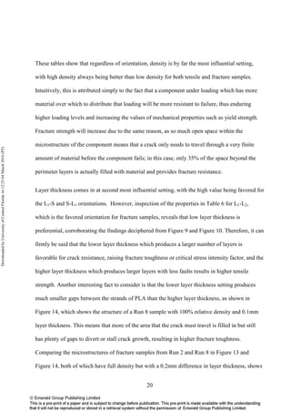 20
These tables show that regardless of orientation, density is by far the most influential setting,
with high density always being better than low density for both tensile and fracture samples.
Intuitively, this is attributed simply to the fact that a component under loading which has more
material over which to distribute that loading will be more resistant to failure, thus enduring
higher loading levels and increasing the values of mechanical properties such as yield strength.
Fracture strength will increase due to the same reason, as so much open space within the
microstructure of the component means that a crack only needs to travel through a very finite
amount of material before the component fails; in this case, only 35% of the space beyond the
perimeter layers is actually filled with material and provides fracture resistance.
Layer thickness comes in at second most influential setting, with the high value being favored for
the L1-S and S-L1 orientations. However, inspection of the properties in Table 6 for L1-L2,
which is the favored orientation for fracture samples, reveals that low layer thickness is
preferential, corroborating the findings deciphered from Figure 9 and Figure 10. Therefore, it can
firmly be said that the lower layer thickness which produces a larger number of layers is
favorable for crack resistance, raising fracture toughness or critical stress intensity factor, and the
higher layer thickness which produces larger layers with less faults results in higher tensile
strength. Another interesting fact to consider is that the lower layer thickness setting produces
much smaller gaps between the strands of PLA than the higher layer thickness, as shown in
Figure 14, which shows the structure of a Run 8 sample with 100% relative density and 0.1mm
layer thickness. This means that more of the area that the crack must travel is filled in but still
has plenty of gaps to divert or stall crack growth, resulting in higher fracture toughness.
Comparing the microstructures of fracture samples from Run 2 and Run 8 in Figure 13 and
Figure 14, both of which have full density but with a 0.2mm difference in layer thickness, shows
DownloadedbyUniversityofCentralFloridaAt12:2504March2016(PT)
 