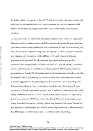24
the highest majority of properties in the ANOVA table favored a null value suggests that a value
in between the two speeds tested is best for general-purpose use. Given the speeds tested of
60mm/s and 120mm/s, this suggests that 90mm/s would yield favorable results across all
situations.
As stated previously, it is intuitive that infill direction affects fracture behavior as longitudinal
fibers are barriers to crack propagation and deflect crack growth, in much the same manner as
grain boundaries and lattice imperfections. It is due to this that the ANOVA tables (Tables 5-7)
show that infill direction predominantly favors the high value (45/135°) setting for all fracture
properties across all orientations, with the addition of a few null values. For the tensile
properties, on the other hand, the S-L1 orientation shows a null/positive split, the L1-L2
orientation shows a slightly higher favor to the low value (90/180°), while the L1-S orientation
shows a split between the low and high values. According to the ANOVA tables, the tensile
properties tend to favor the 90/180° configuration overall, indicating that minimally larger values
for properties such as yield strength and Young’s modulus would result from using this infill
direction as opposed to the 45/135° configuration. In a generalized view of this setting across
both experiments, however, there is greater favor towards the high value setting, with more
occurrences of the null value than the negative value. In application, this means that the 45/135°
setting is the more reliable one to use as a default, though if tensile loading is of significantly
greater concern then the 90/180° may be the better default. Alternately stated, this parameter
setting is based on the situation, especially given the large number of null values. This is a low
ranking setting in order of importance, however, so choosing either setting as permanent should
have little impact even if the situation could be said to call for the other setting.
DownloadedbyUniversityofCentralFloridaAt12:2504March2016(PT)
 
