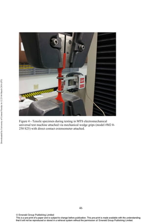 46
Figure 4 - Tensile specimen during testing in MTS electromechanical
universal test machine attached via mechanical wedge grips (model #M2 0-
250 S25) with direct contact extensometer attached.
DownloadedbyUniversityofCentralFloridaAt12:2504March2016(PT)
 