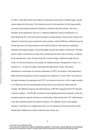 6
in Table 2. This table denotes the collection of parameters tested, their available ranges, and the
values employed in this study. The limitations given for each parameter for the range possible
are mostly determined by hardware limitations as defined within the software. The lower
boundary of the temperature, however, is arbitrarily defined at a point at which below it is
believed that the PLA will not be heated enough to extrude properly. Each run has a high or low
setting for each printer process parameter under question, with the different combinations giving
a broad spectrum of testing conditions with which the effect of each setting on mechanical
properties and loading response can be thoroughly assessed and ranked in importance. The high
and low values were based on average slicer settings used for these types of printers, as defined
by the manufacturer, with a deviation from the “normal settings” defining the high and low
values. For the layer thickness, for example, the standard setting is designated as 0.2mm, so a
deviation of +/- 0.1mm was made to determine the high and low values. The printer
manufacturer recommends an extrusion temperature of 230°C for all prints, with temperatures
higher than this being likely to cause warping of the component. As such, 230°C was chosen as
the upper boundary for temperature and 215°C was chosen as the lower, as this is approximately
a 5% difference from the recommended setting which can accurately be achieved by the
extruder. The difference between the infill directions of 90/180° (aligned) and 45/135° (biased)
is shown in Figure 1. The 90/180° orientation is the standard produced by the printer, where the
extruded strands are aligned with the axes of print plate, while the biased 45/135° infill direction
is the same internal structure but rotated to produce a 45° diagonal version of the aligned
structure. Using these two configurations gives two very distinct set of microstructures which
should lead to differences in failure modes between similar runs.
DownloadedbyUniversityofCentralFloridaAt12:2504March2016(PT)
 