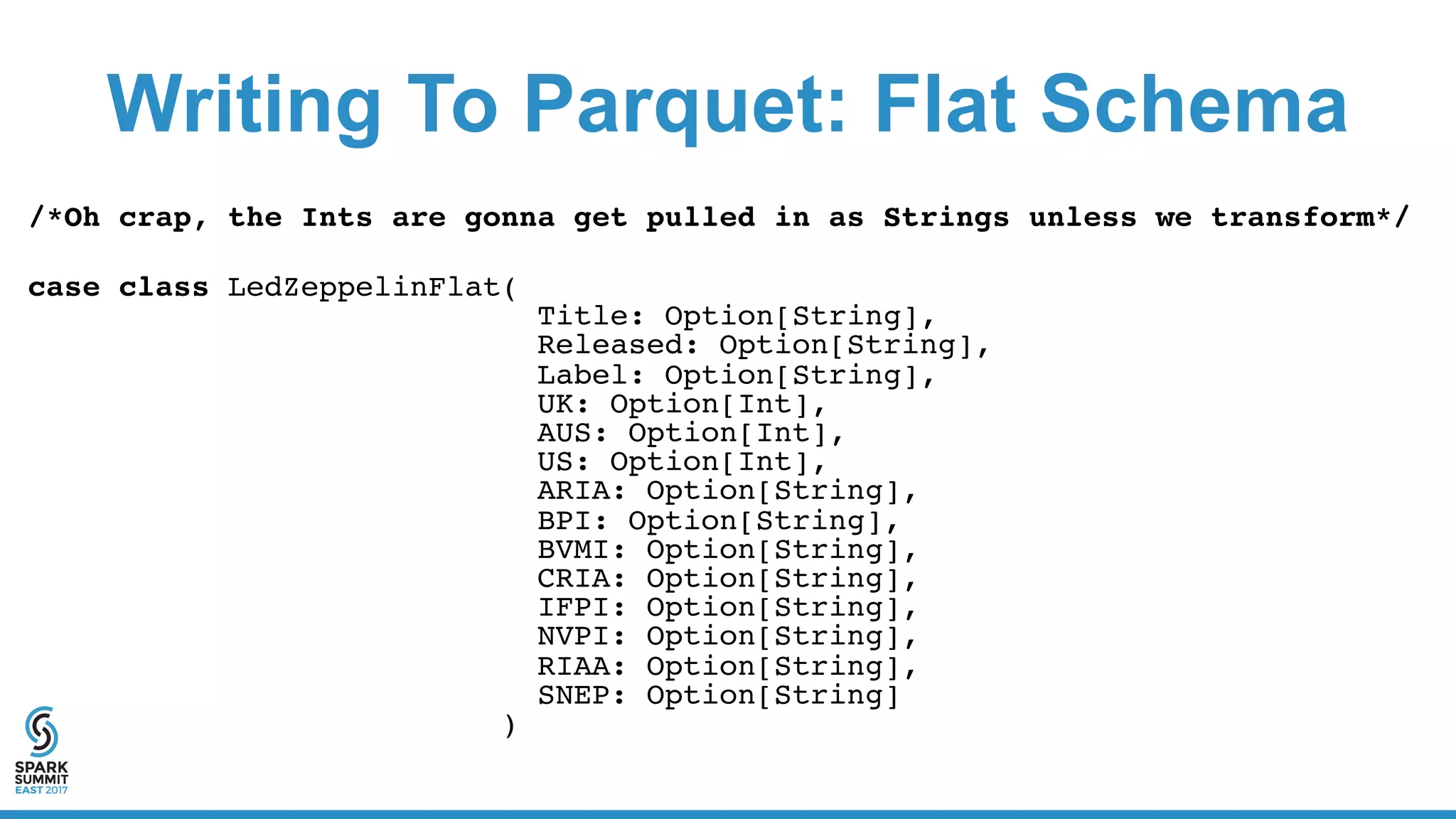 Writing To Parquet: Flat Schema
/*Oh crap, the Ints are gonna get pulled in as Strings unless we transform*/
case class LedZeppelinFlat(
Title: Option[String],
Released: Option[String],
Label: Option[String],
UK: Option[Int],
AUS: Option[Int],
US: Option[Int],
ARIA: Option[String],
BPI: Option[String],
BVMI: Option[String],
CRIA: Option[String],
IFPI: Option[String],
NVPI: Option[String],
RIAA: Option[String],
SNEP: Option[String]
)
 