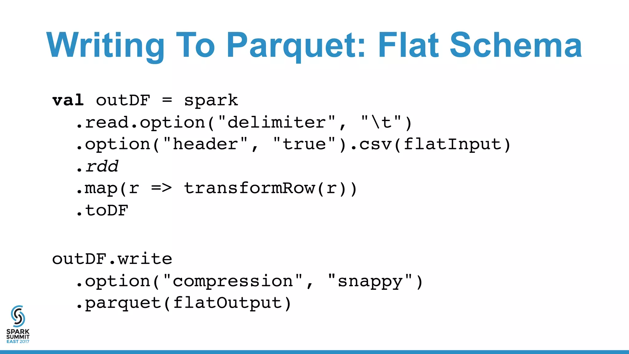 Writing To Parquet: Flat Schema
val outDF = spark
.read.option("delimiter", "t")
.option("header", "true").csv(flatInput)
.rdd
.map(r => transformRow(r))
.toDF
outDF.write
.option("compression", "snappy")
.parquet(flatOutput)
 