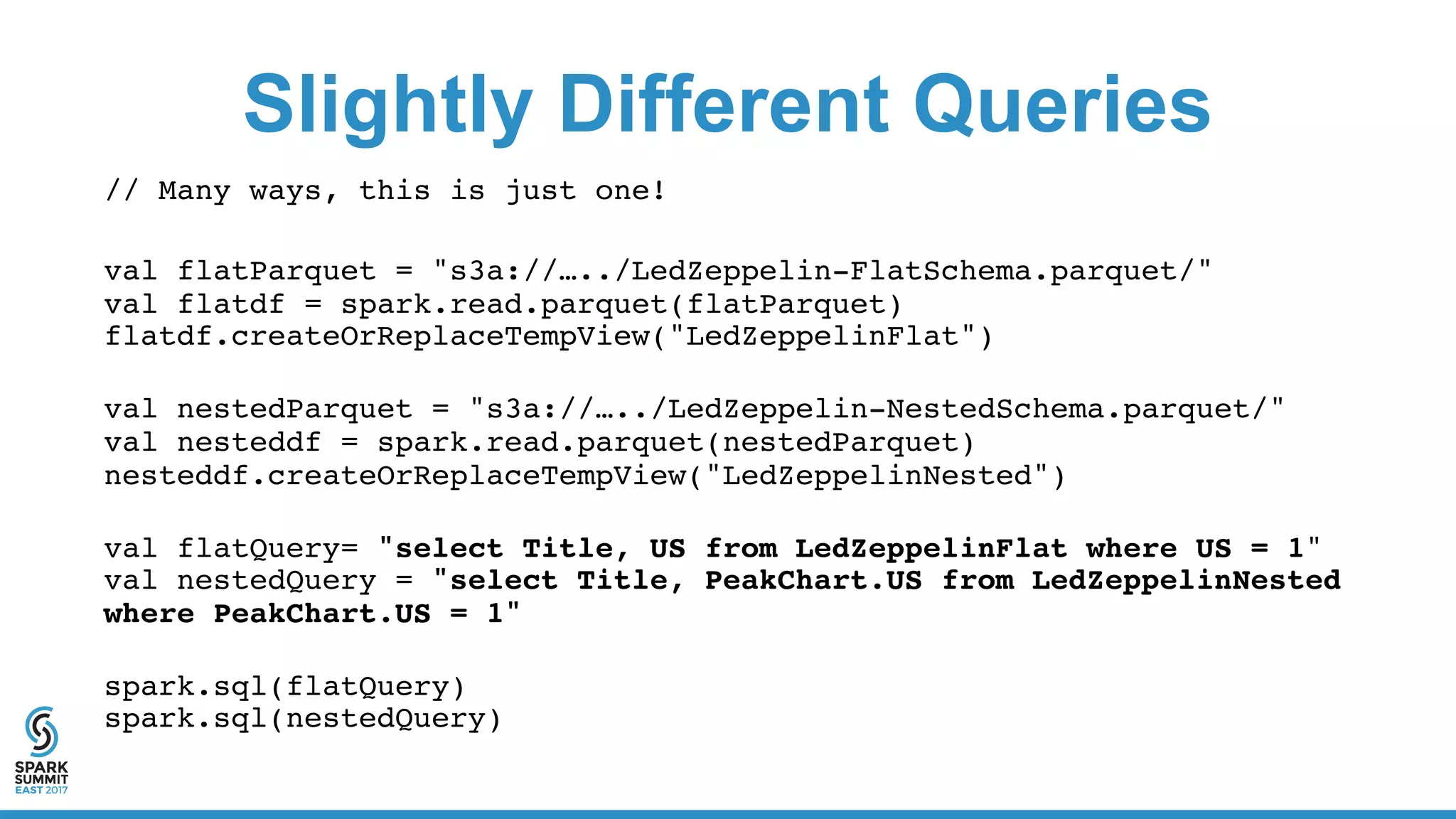 Slightly Different Queries
// Many ways, this is just one!
val flatParquet = "s3a://…../LedZeppelin-FlatSchema.parquet/"
val flatdf = spark.read.parquet(flatParquet)
flatdf.createOrReplaceTempView("LedZeppelinFlat")
val nestedParquet = "s3a://…../LedZeppelin-NestedSchema.parquet/"
val nesteddf = spark.read.parquet(nestedParquet)
nesteddf.createOrReplaceTempView("LedZeppelinNested")
val flatQuery= "select Title, US from LedZeppelinFlat where US = 1"
val nestedQuery = "select Title, PeakChart.US from LedZeppelinNested
where PeakChart.US = 1"
spark.sql(flatQuery)
spark.sql(nestedQuery)
 