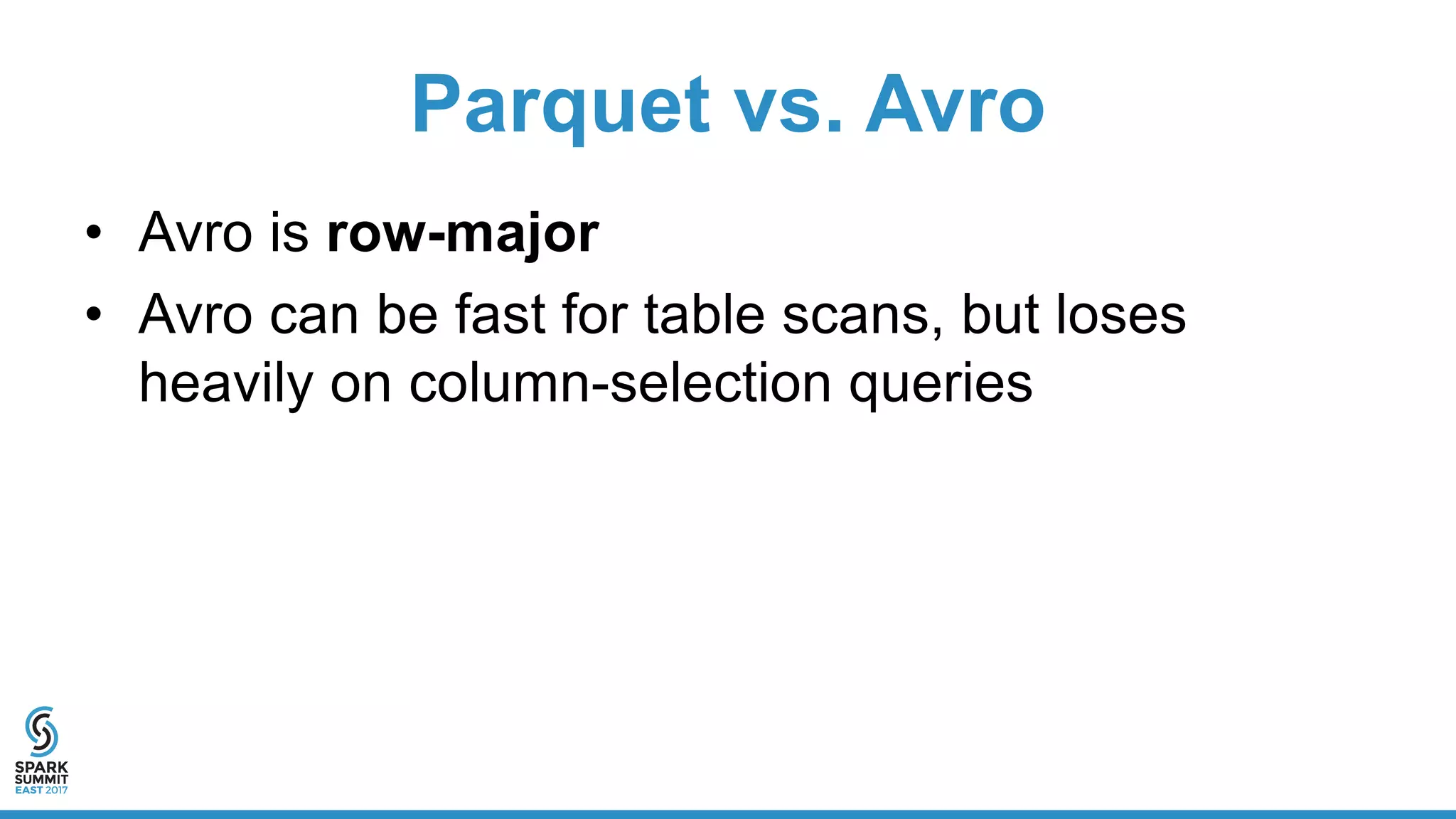 Parquet vs. Avro
• Avro is row-major
• Avro can be fast for table scans, but loses
heavily on column-selection queries
 