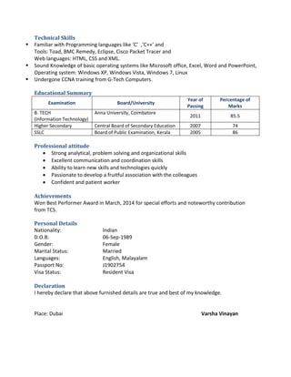 Technical Skills
 Familiar with Programming languages like ‘C’ ,‘C++’ and
Tools: Toad, BMC Remedy, Eclipse, Cisco Packet Tracer and
Web languages: HTML, CSS and XML.
 Sound Knowledge of basic operating systems like Microsoft office, Excel, Word and PowerPoint,
Operating system: Windows XP, Windows Vista, Windows 7, Linux
 Undergone CCNA training from G-Tech Computers.
Educational Summary
Examination Board/University
Year of
Passing
Percentage of
Marks
B. TECH
(Information Technology)
Anna University, Coimbatore
2011 85.5
Higher Secondary Central Board of Secondary Education 2007 74
SSLC Board of Public Examination, Kerala 2005 86
Professional attitude
 Strong analytical, problem solving and organizational skills
 Excellent communication and coordination skills
 Ability to learn new skills and technologies quickly
 Passionate to develop a fruitful association with the colleagues
 Confident and patient worker
Achievements
Won Best Performer Award in March, 2014 for special efforts and noteworthy contribution
from TCS.
Personal Details
Nationality: Indian
D.O.B: 06-Sep-1989
Gender: Female
Marital Status: Married
Languages: English, Malayalam
Passport No: J1902754
Visa Status: Resident Visa
Declaration
I hereby declare that above furnished details are true and best of my knowledge.
Place: Dubai Varsha Vinayan
 