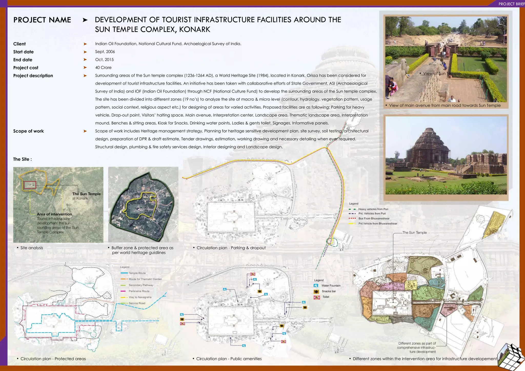 •Circulationplan-Parking&dropout
•Circulationplan-Publicamenities •Differentzoneswithintheinterventionareaforinfrastructuredevelopement•Circulationplan-Protectedareas
•Siteanalysis •Bufferzone&protectedareaas
perworldheritageguidlines
DEVELOPMENTOFTOURISTINFRASTRUCTUREFACILITIESAROUNDTHE
SUNTEMPLECOMPLEX,KONARK
IndianOilFoundation,NationalCulturalFund,ArchaelogicalSurveyofIndia.
Sept,2006
Oct,2015
40Crore
SurroundingareasoftheSuntemplecomplex(1236-1264AD),aWorldHeritageSite(1984),locatedinKonark,Orissahasbeenconsideredfor
developmentoftouristinfrastructurefacilities.AninitiativehasbeentakenwithcollaborativeeffortsofStateGovernment,ASI(Archaeologicaldevelopmentoftouristinfrastructurefacilities.AninitiativehasbeentakenwithcollaborativeeffortsofStateGovernment,ASI(Archaeological
SurveyofIndia)andIOF(IndianOilFoundation)throughNCF(NationalCultureFund)todevelopthesurroundingareasoftheSuntemplecomplex.
Thesitehasbeendividedintodifferentzones(19no’s)toanalyzethesiteatmacro&microlevel(contour,hydrology,vegetationpattern,usage
pattern,socialcontext,religiousaspectetc.)fordesigningofareasforvariedactivities.Proposedfacilitiesareasfollowing:Parkingforheavy
vehicle,Drop-outpoint,Visitors’haltingspace,Mainavenue,Interpretationcenter,Landscapearea,Thematiclandscapearea,Interpretationvehicle,Drop-outpoint,Visitors’haltingspace,Mainavenue,Interpretationcenter,Landscapearea,Thematiclandscapearea,Interpretation
mound,Benches&sittingareas,KioskforSnacks,Drinkingwaterpoints,Ladies&gentstoilet,Signages,Informativepanels.
ScopeofworkincludesHeritagemanagementstrategy,Planningforheritagesensitivedevelopmentplan,sitesurvey,soiltesting,architectural
design,preparationofDPR&draftestimate,Tenderdrawings,estimation,workingdrawingandnecessarydetailingwheneverrequired.
Structuraldesign,plumbing&firesafetyservicesdesign,InteriordesigningandLandscapedesign.
Client
Startdate
Enddate
Projectcost
Projectdescription
Scopeofwork
TheSite:
•Viewofmainavenuefrom mainroadtowardsSunTemple
•ViewofSunTemple
PROJECTBRIEF
 