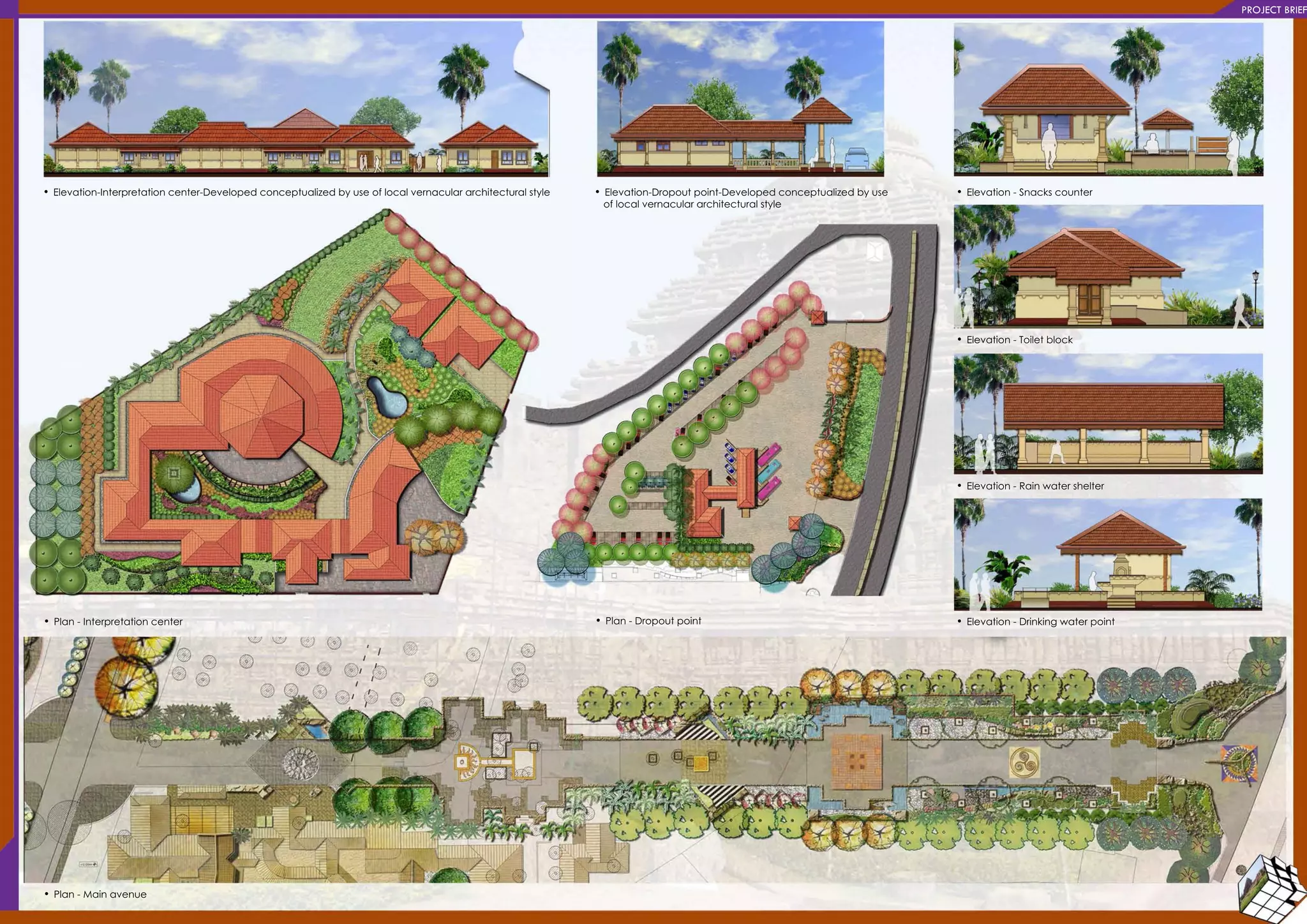•Elevation-Snackscounter
•Elevation-Drinkingwaterpoint
•Elevation-Rainwatershelter
•Elevation-Toiletblock
•Elevation-Interpretationcenter-Developedconceptualizedbyuseoflocalvernaculararchitecturalstyle •Elevation-Dropoutpoint-Developedconceptualizedbyuse
oflocalvernaculararchitecturalstyle
•Plan-Interpretationcenter
•Plan-Mainavenue
•Plan-Dropoutpoint
PROJECTBRIEF
 