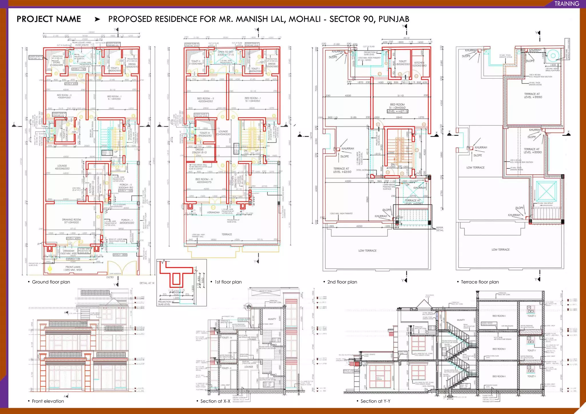 PROPOSEDRESIDENCEFORMR.MANISHLAL,MOHALI-SECTOR90,PUNJAB
•Groundfloorplan
•Frontelevation •SectionatX-X •SectionatY-Y
•1stfloorplan •2ndfloorplan •Terracefloorplan
TRAINING
 