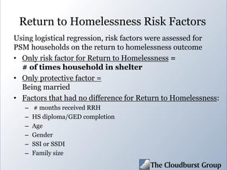 Return to Homelessness Risk Factors
Using logistical regression, risk factors were assessed for
PSM households on the return to homelessness outcome
• Only risk factor for Return to Homelessness =
# of times household in shelter
• Only protective factor =
Being married
• Factors that had no difference for Return to Homelessness:
– # months received RRH
– HS diploma/GED completion
– Age
– Gender
– SSI or SSDI
– Family size
 