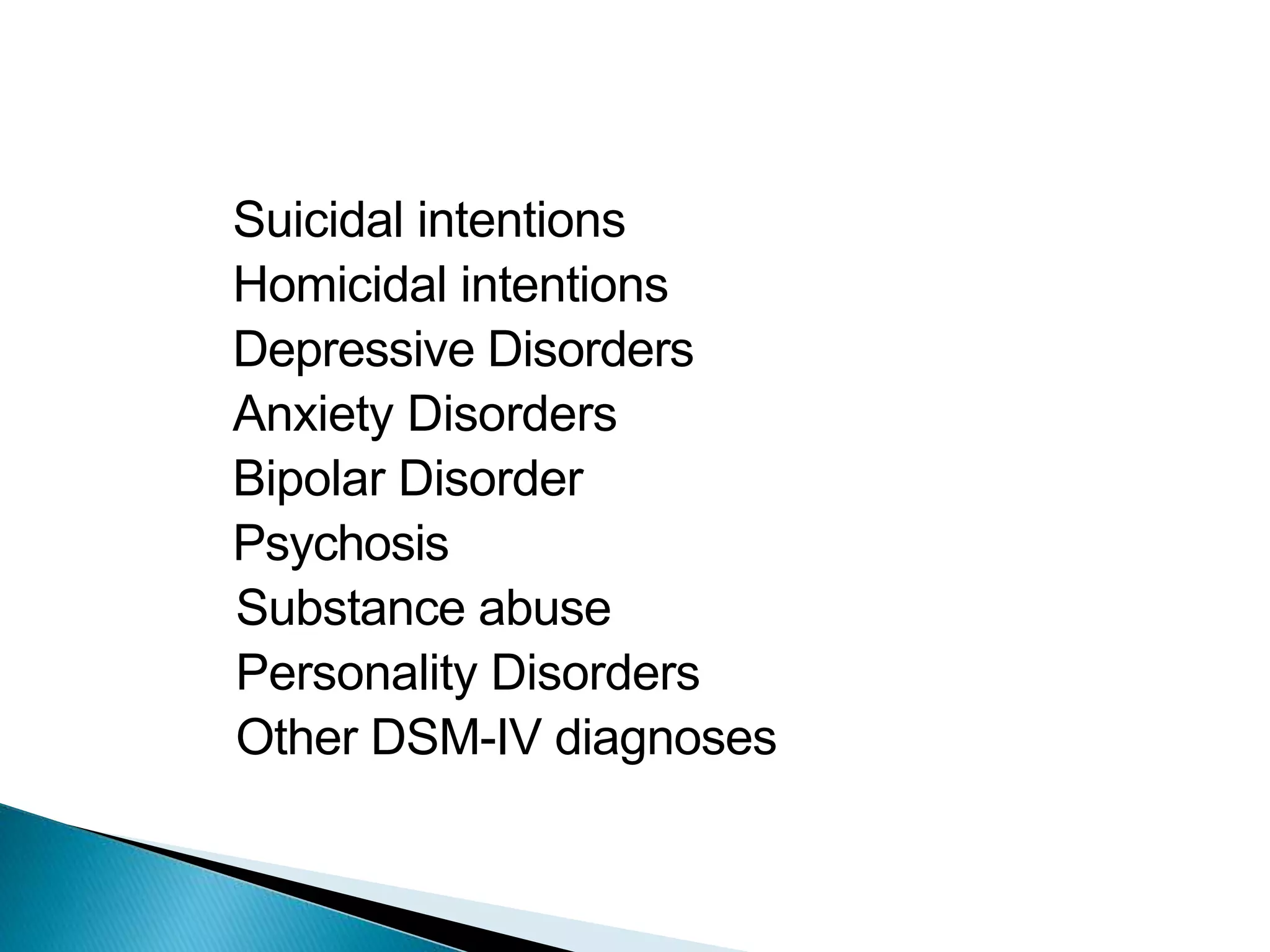 Suicidal intentions
Homicidal intentions
Depressive Disorders
Anxiety Disorders
Bipolar Disorder
Psychosis
Substance abuse
Personality Disorders
Other DSM-IV diagnoses
 