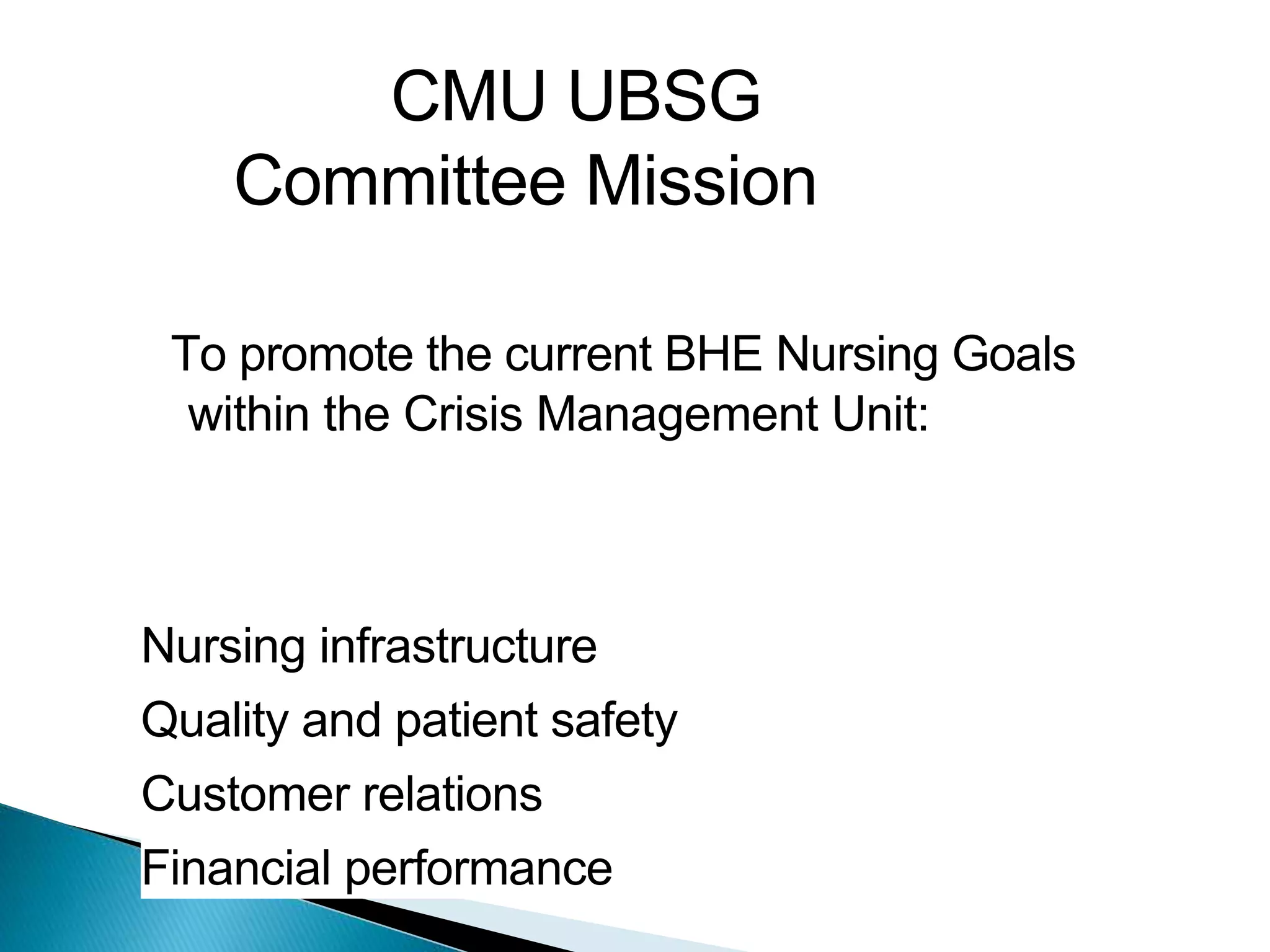 CMU UBSG
Committee Mission
To promote the current BHE Nursing Goals
within the Crisis Management Unit:
Nursing infrastructure
Quality and patient safety
Customer relations
Financial performance
 