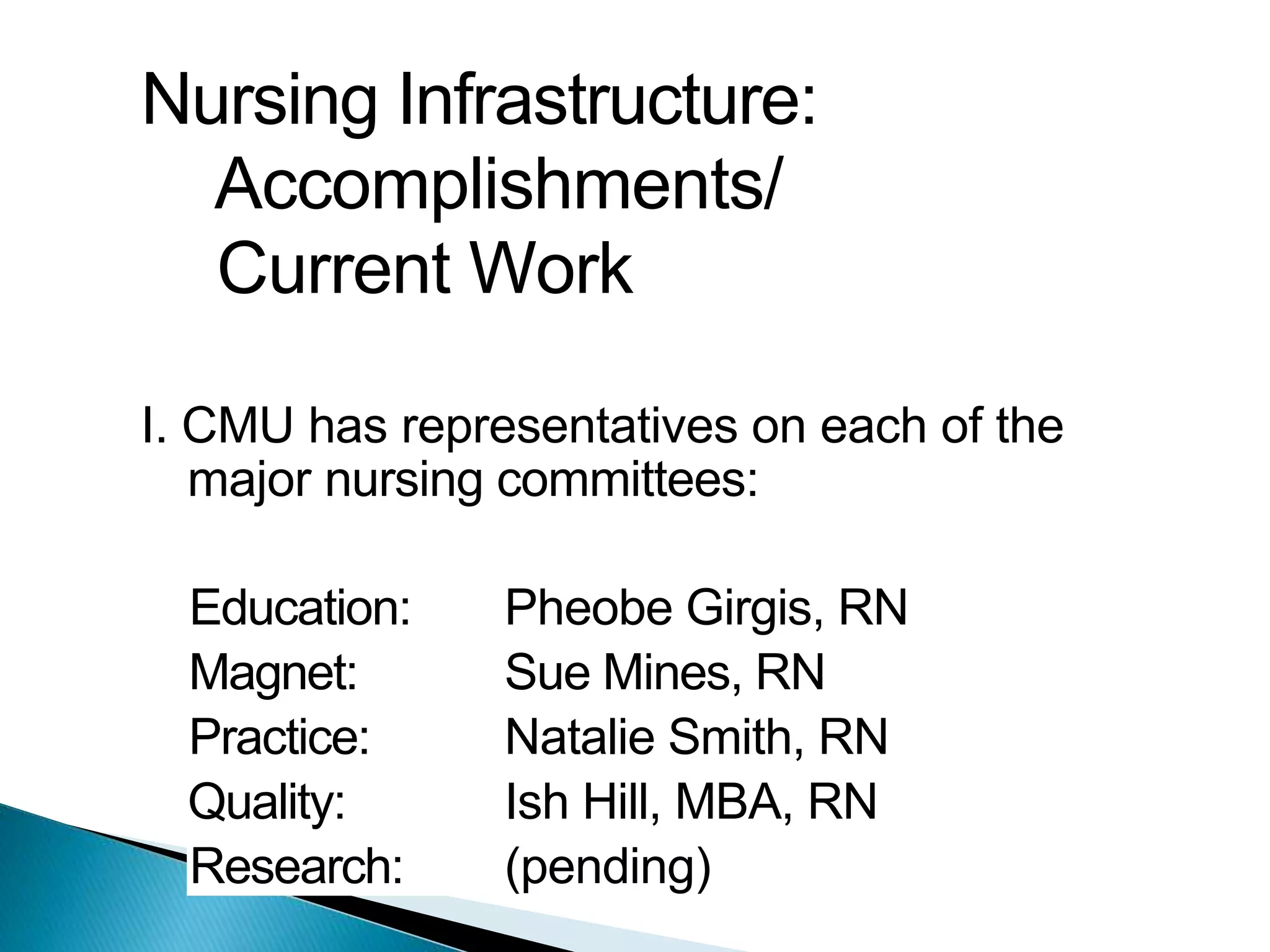 Nursing Infrastructure:
Accomplishments/
Current Work
I. CMU has representatives on each of the
major nursing committees:
Education: Pheobe Girgis, RN
Magnet: Sue Mines, RN
Practice: Natalie Smith, RN
Quality: Ish Hill, MBA, RN
Research: (pending)
 
