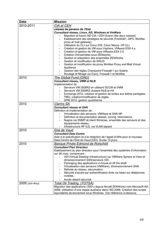 4/5
Date Mission
2010-2011 CIA et CEH
caisses de pension de l’Etat
Consultant réseau, Linux, AD, Windows et VmWare
- Migration et fusion AD CIA / CEH (fusion des deux caisses)
- Etablissement des stratégies de sécurité (FireWall1, GPO, McAfee
proxy et mail gateway)
- Utilisation du CLI sur Cisco IOS, Cisco Nexus, HP CLI.
- Création et gestion de VM sous Vsphere, VMware ESX 4.x.
- Création et gestion de VM sous VMware ESX 3.5.
- Création d’ensembles sous ZENworks.
- Gestion et adaptation des ensembles ZENWorks.
- Gestion et modification de WSUS
- Gestion et modification de proxy McAfee Proxy and Mail Virtual
Appliance
- Gestion des règles Checkpoint Firewall-1 sur Solaris
- Routage et filtrage via Cisco, Firewall-1 et McAfee
2010 The Global Fund (ONU)
Consultant réseau, VMM et NLB
Implémentation de
- Serveurs VM 2008R2 en utilisant SCCM et VMM
- Serveurs VM 2008R2 clusters NLB et HA
- Exchange 2010, création et gestion de boîtes aux lettres partagées
- TMG, création/modification de règles
- DPM 2010, gestion quotidienne
2010 Clarins SA
Consultant réseau et SAN
Définition et implémentation de :
- Virtualisation des serveurs, VMWare et SAN HP.
- Définition et documentation aliases, zoning, redondance.
- Nagios via SNMP et client Windows, ensemble des serveurs et des
équipements réseau.
- Infrastructure HP ILO, via VLAN séparé
2010 Etat de Vaud
Consultant Data Centre
Aide à la spécification et à la rédaction de l’appel d’offre pour le nouveau
Data Centre de l’Etat de Vaud (CEI). Durée 10 jours.
2010 Banque Privée Edmond de Rotschild
Consultant Plan Directeur
Etablissement du plan directeur pour l’ensemble des systèmes d’information
sur 36 mois, comprenant :
- VDI (Virtual Desktop Infrastructure) sur VMWare Sphere et View et
dimensionnement SAN/serveurs VDI.
- Packaging des applications in-house et off the shelf.
- Virtualisation des serveurs (VMWare), dimensionnement SAN.
- Refonte du réseau, sécurisation.
- Sécurité d’accès par authentification forte via token sur téléphones
mobiles.
- Accès distant sécurisé.
2009 (Jul~Aou) Total Oil Trading. (TOTSA)
Migration des applications (300+) depuis Novell ZENWorks vers Microsoft AD
2008. Utilisation d’une classe auxiliaire dans l’AD 2008. Création des scripts
équivalents de lancement sous Windows. Voir référence ci-dessous.
 