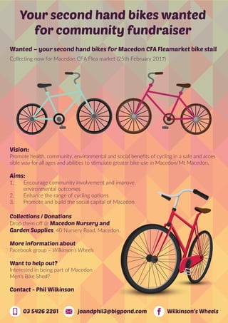 Your second hand bikes wanted
for community fundraiser
Wanted – your second hand bikes for Macedon CFA Fleamarket bike stall
Collecting now for Macedon CFA Flea market (25th February 2017)
Collections / Donations
Drop them oﬀ @ Macedon Nursery and
Garden Supplies, 40 Nursery Road, Macedon.
More information about
Facebook group – Wilkinson’s Wheels
Want to help out?
Interested in being part of Macedon
Men’s Bike Shed?
Contact - Phil Wilkinson
Aims:
1. Encourage community involvement and improve
environmental outcomes
2. Enhance the range of cycling options
3. Promote and build the social capital of Macedon
03 5426 2281 joandphil3@bigpond.com Wilkinson’s Wheels
Vision:
Promote health, community, environmental and social beneﬁts of cycling in a safe and acces
sible way for all ages and abilities to stimulate greater bike use in Macedon/Mt Macedon.
 